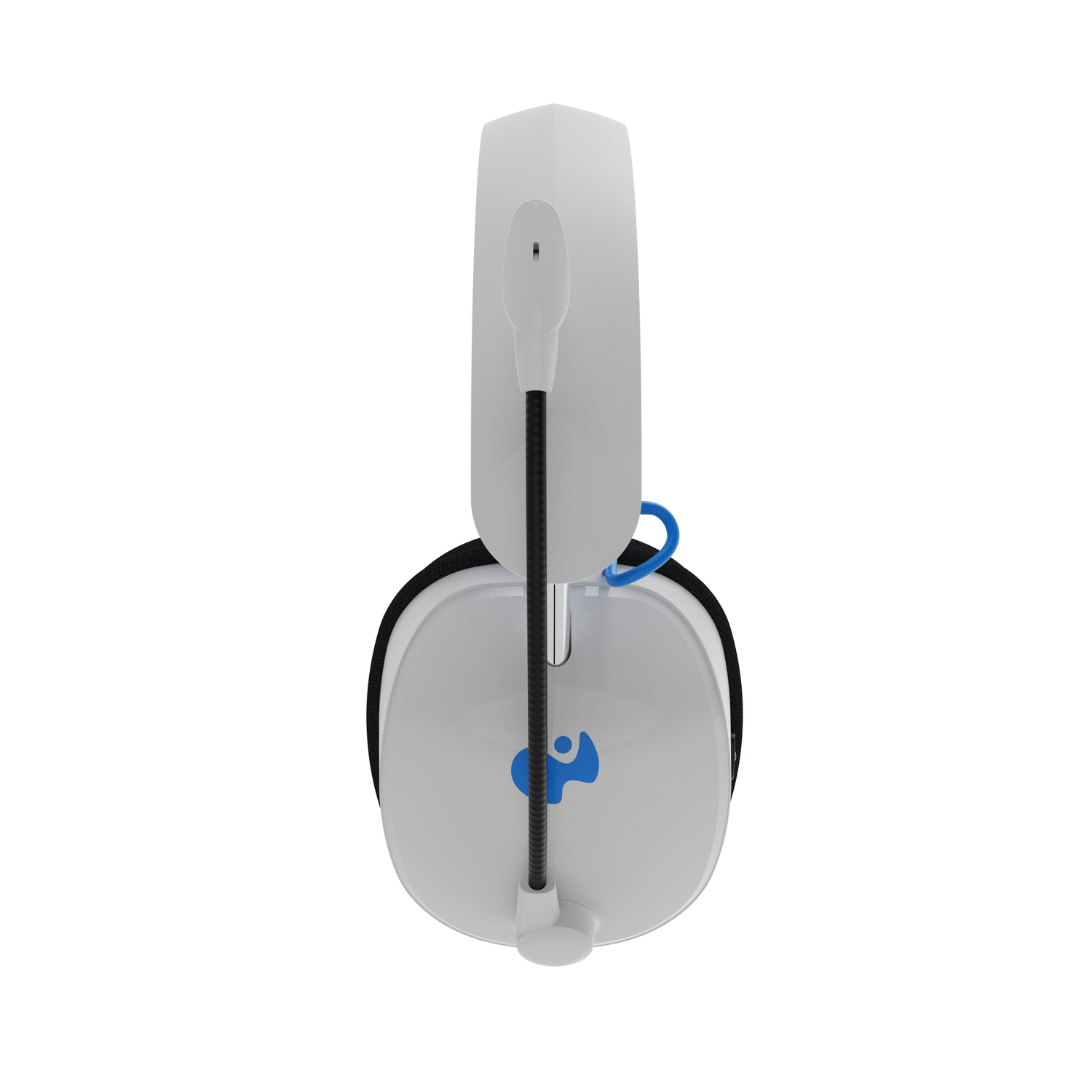 White headset with a microphone, blue logo.