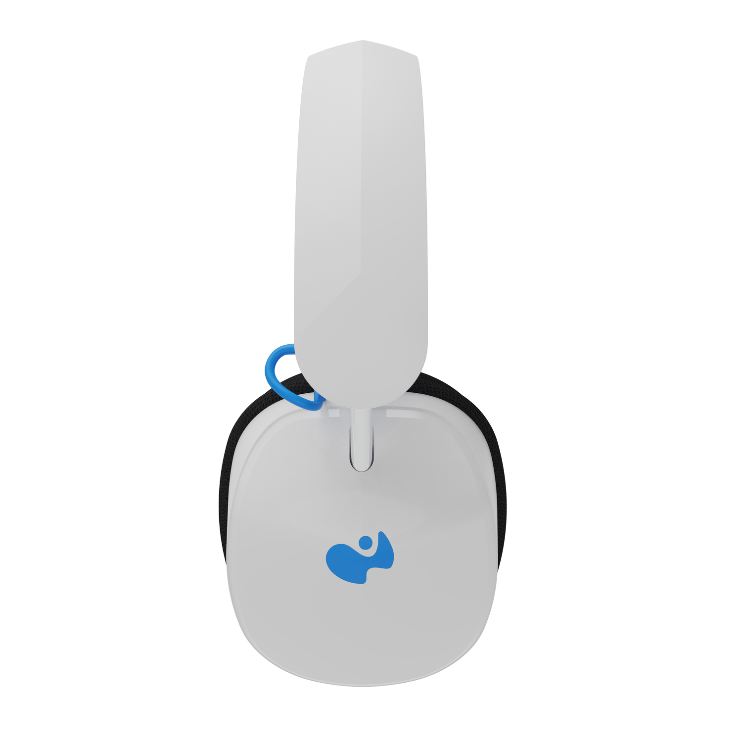 White headset with a blue accent and logo, isolated on white.