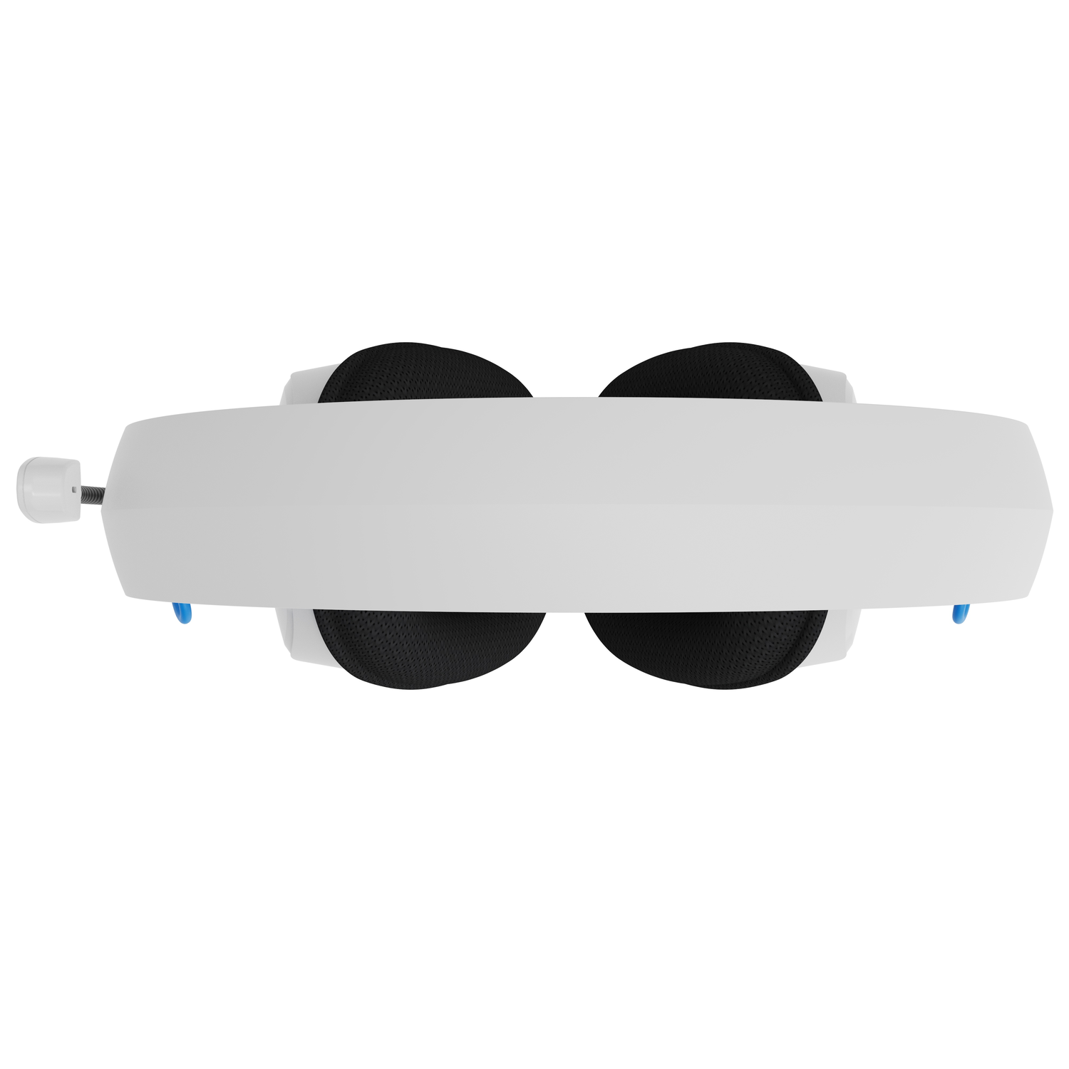 Top view of white VR headset with black ear cups. Blue accents on the sides. White surface.