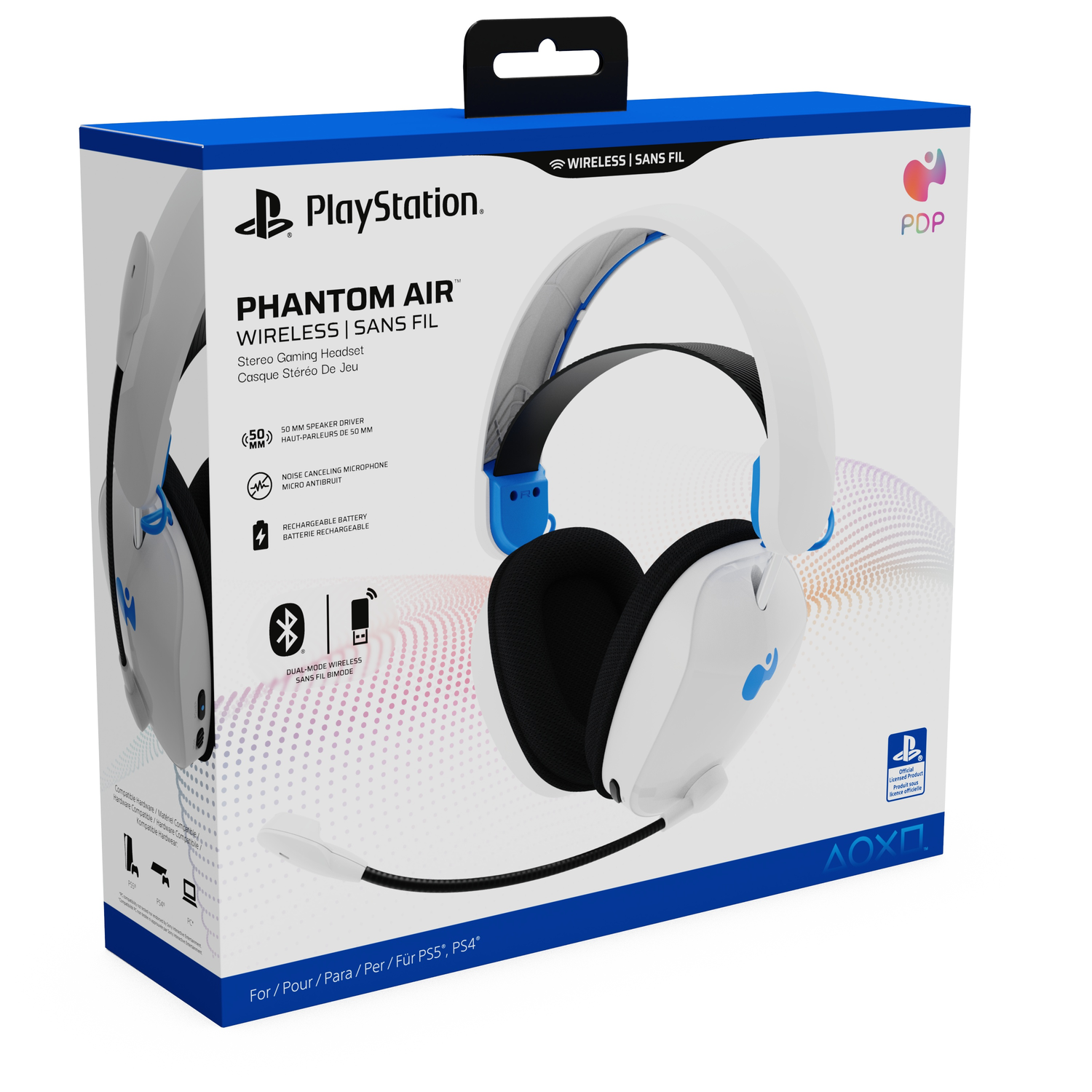 White and blue gaming headset box with a headset graphic and text.