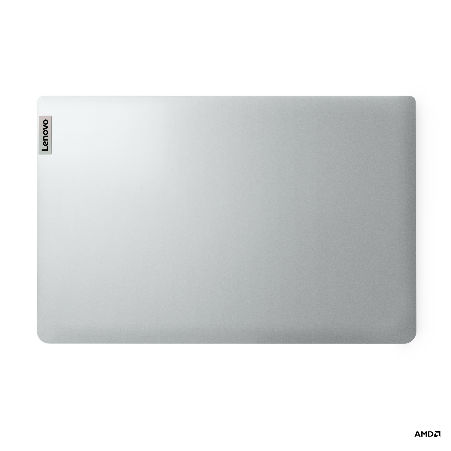 Ordinateur portable Lenovo argenté fermé avec logo AMD en bas à droite.