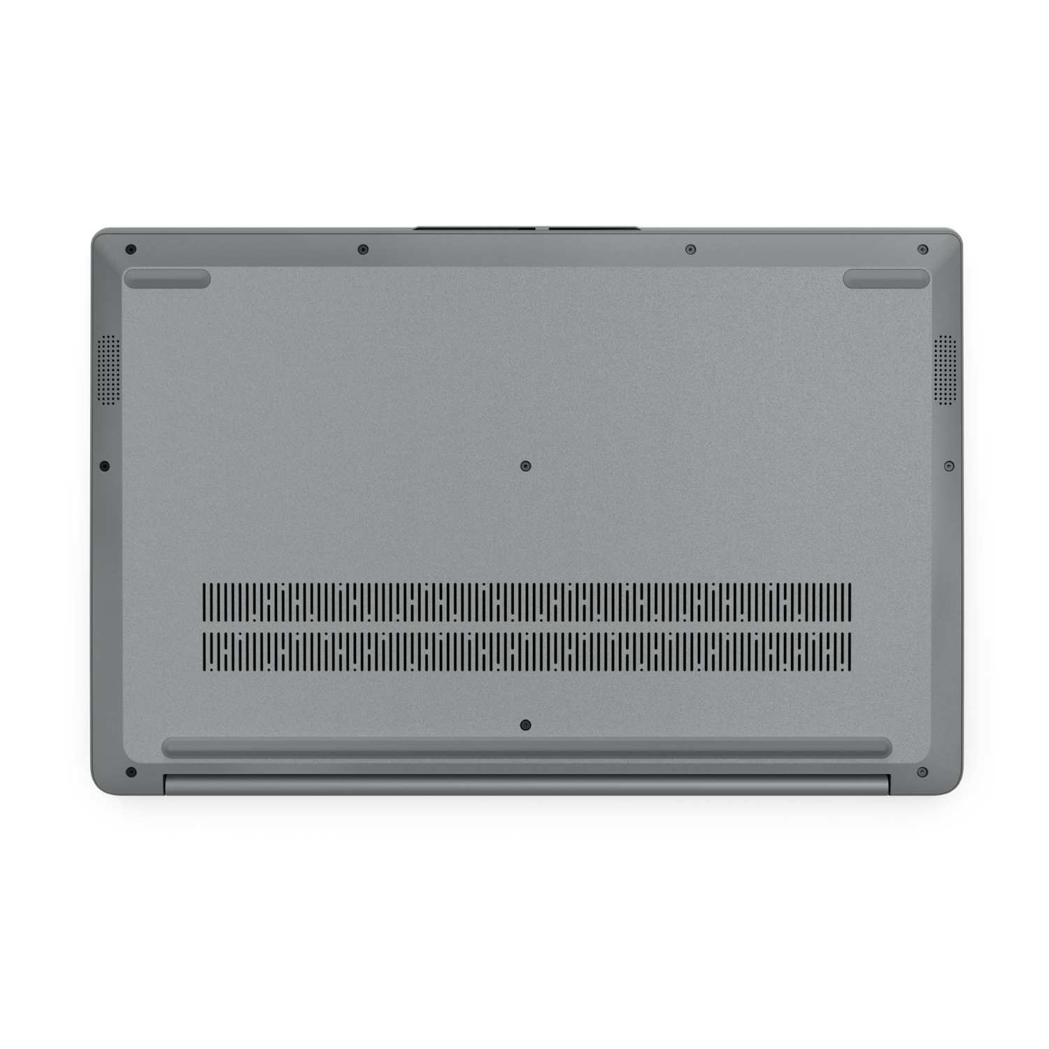 Dessous d'un ordinateur portable gris avec aérations et vis.