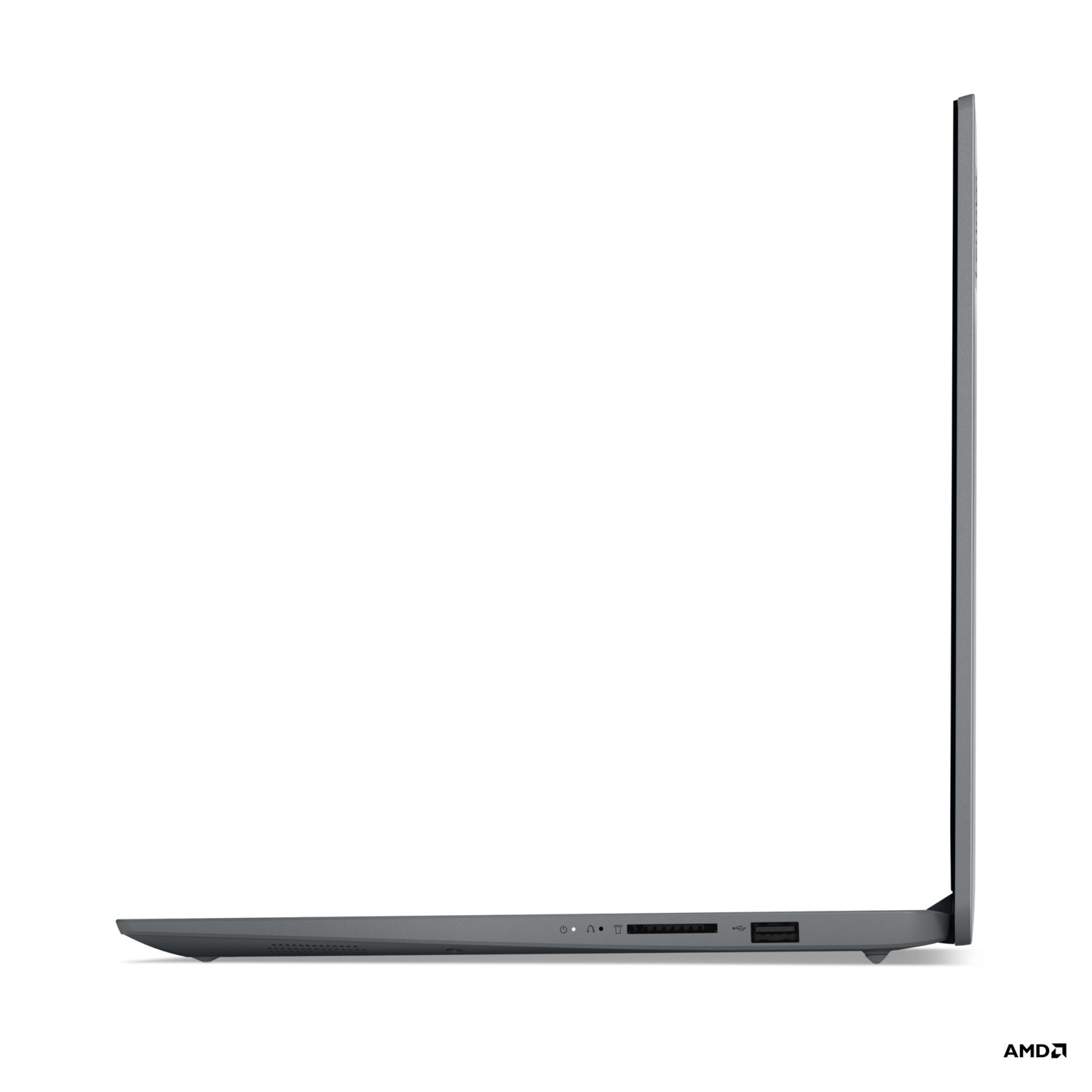 Profil de portable gris avec ports et logo AMD.