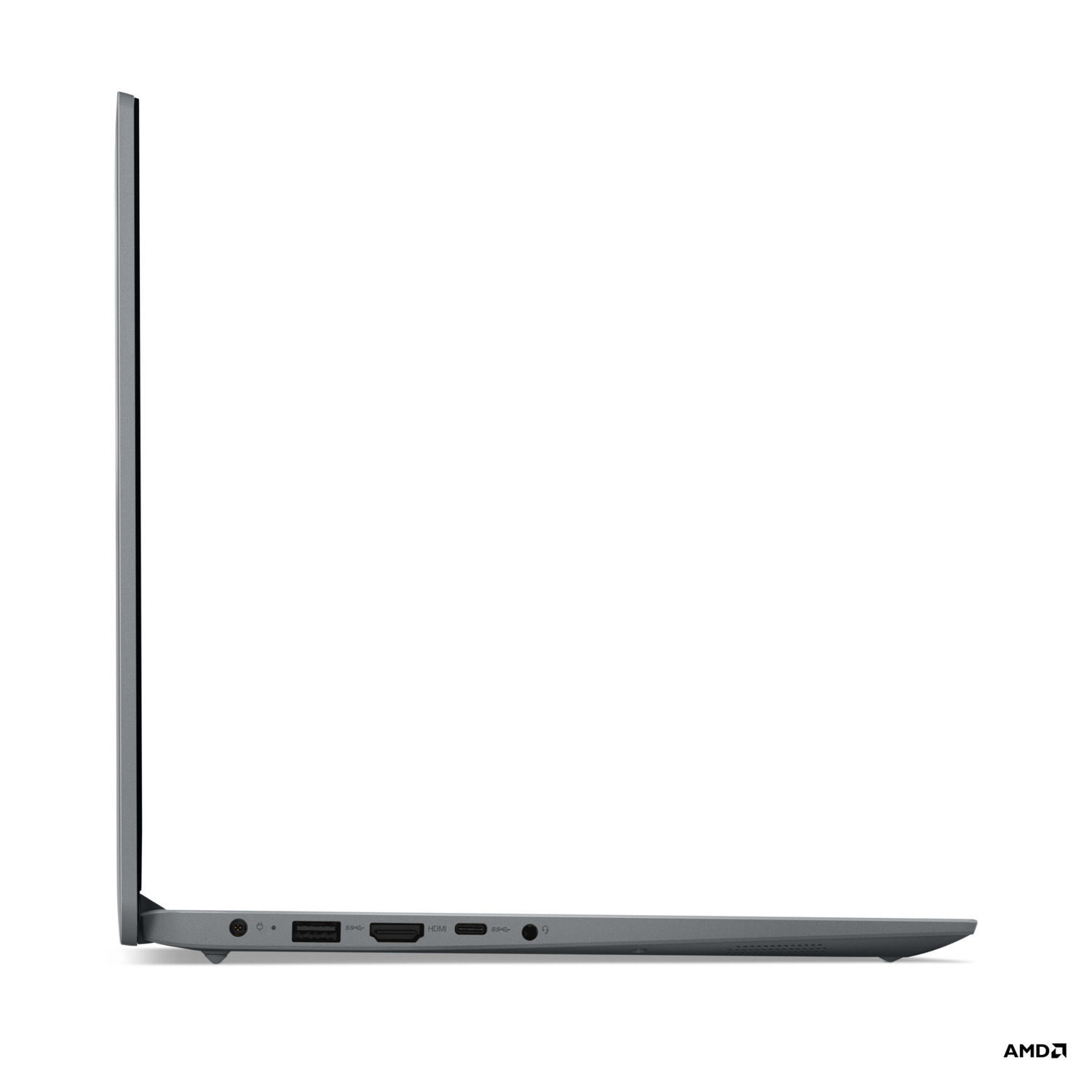 Vue latérale d'un ordinateur portable gris montrant les ports : USB, HDMI, USB-C et prise audio.