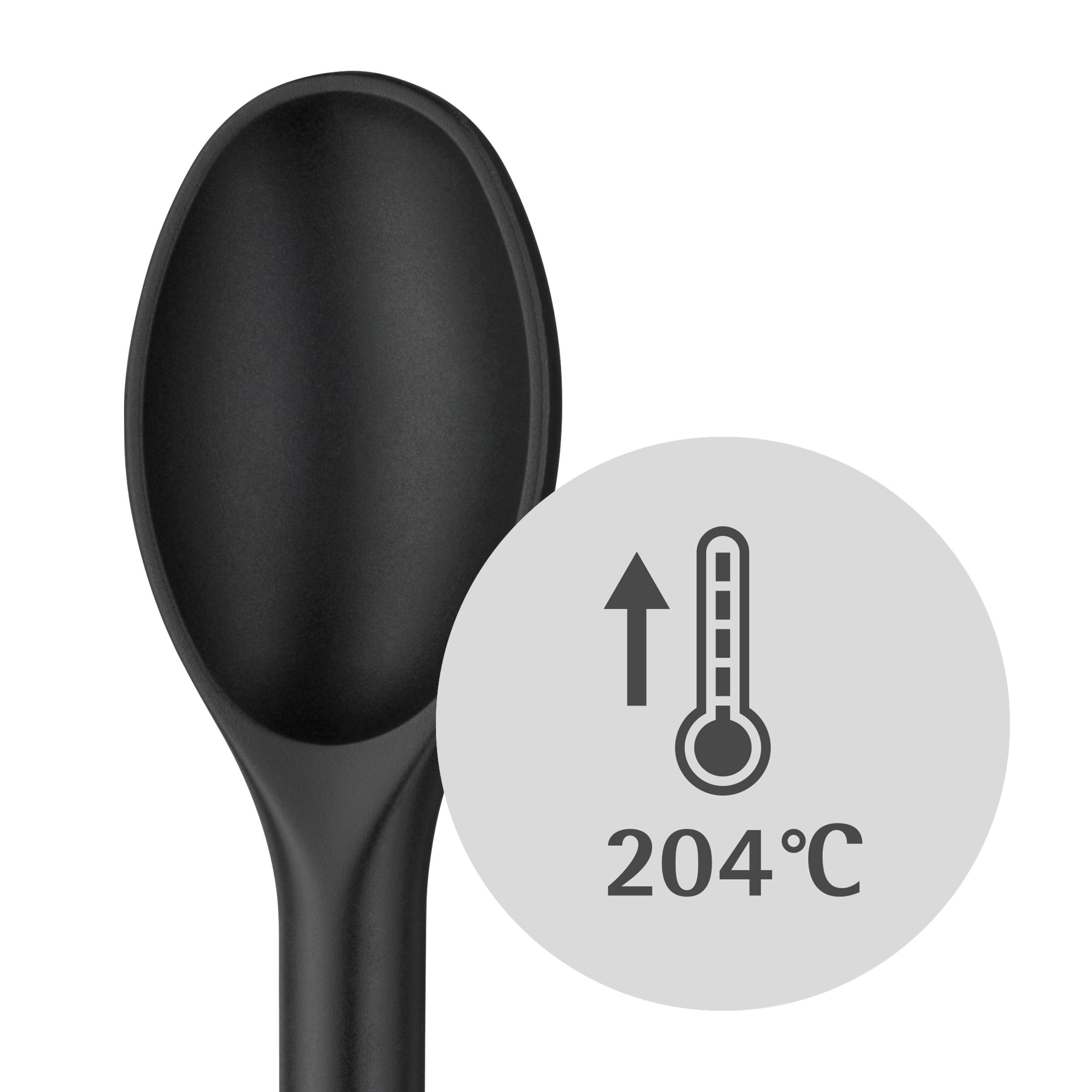 Schwarzer Löffel mit einem Thermometersymbol. Die Temperatur beträgt 204°C. Weißer Hintergrund.