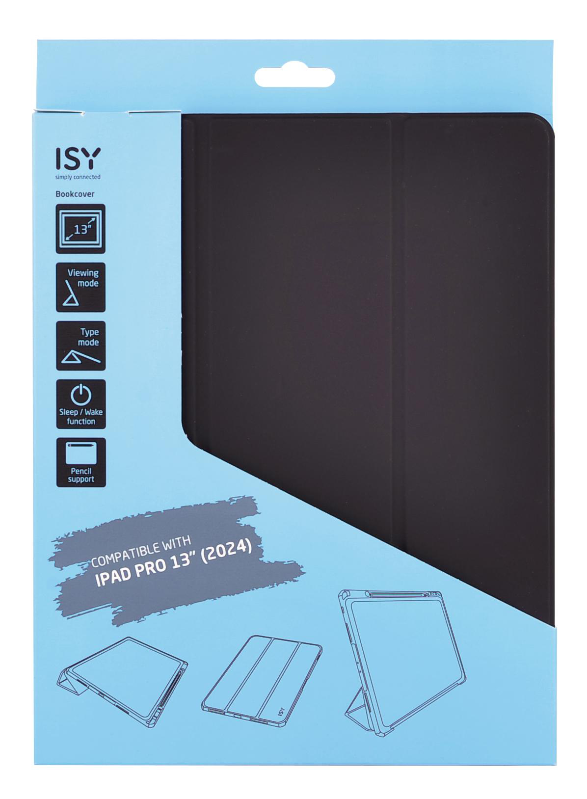 Schwarze iPad Pro 13" Hülle in einer Box. Die Box ist hellblau mit Icons, Text und Produktbildern.