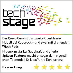 Textgrafik mit Sternen und dem Text „tech stage“. Der Text unten gibt eine Bewertung.