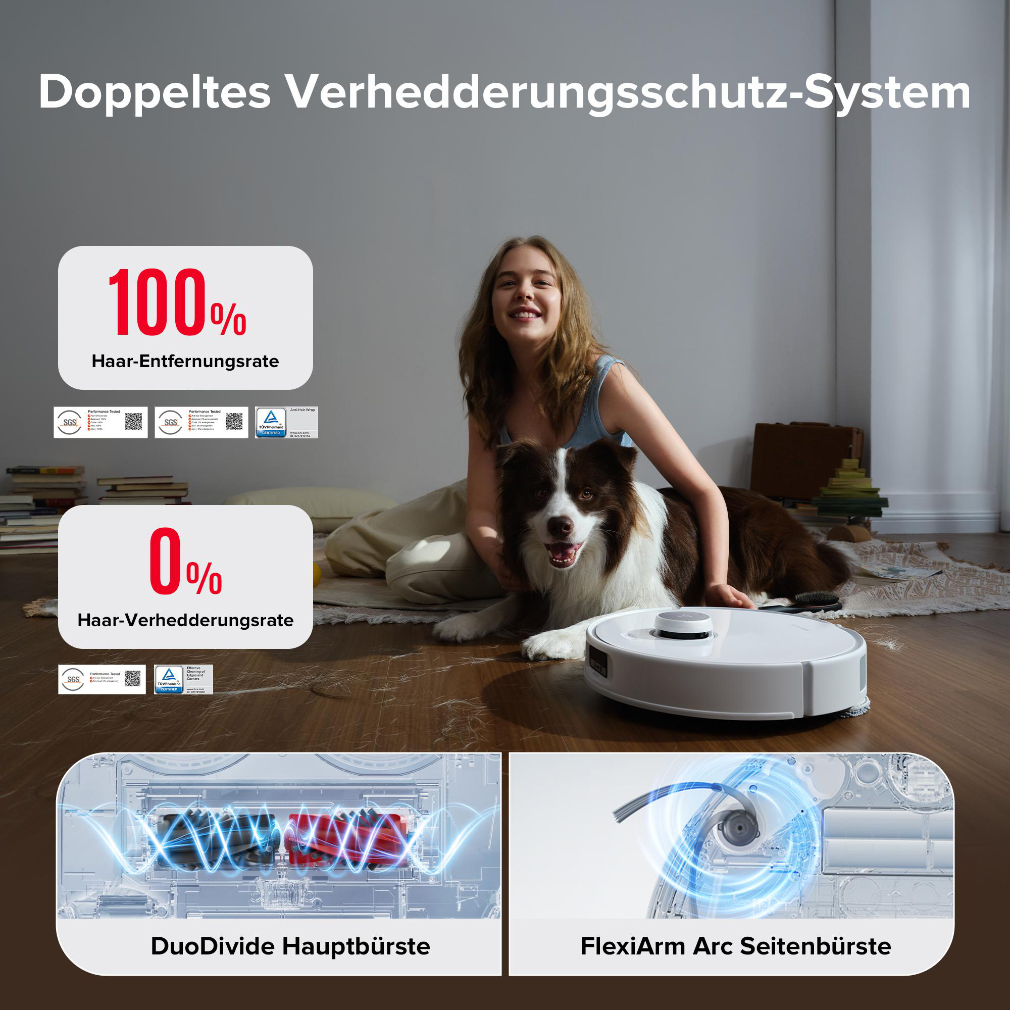 Eine Frau und ein Hund mit einem Roboter-Staubsauger. Diagramme zeigen Staubsauger-Technik.