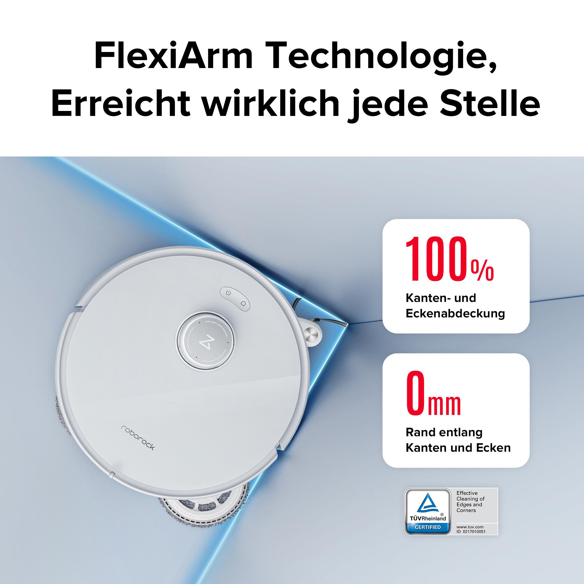 Ein weißer Roboter-Staubsauger auf einem Boden, mit Text über Kantentechnologie.