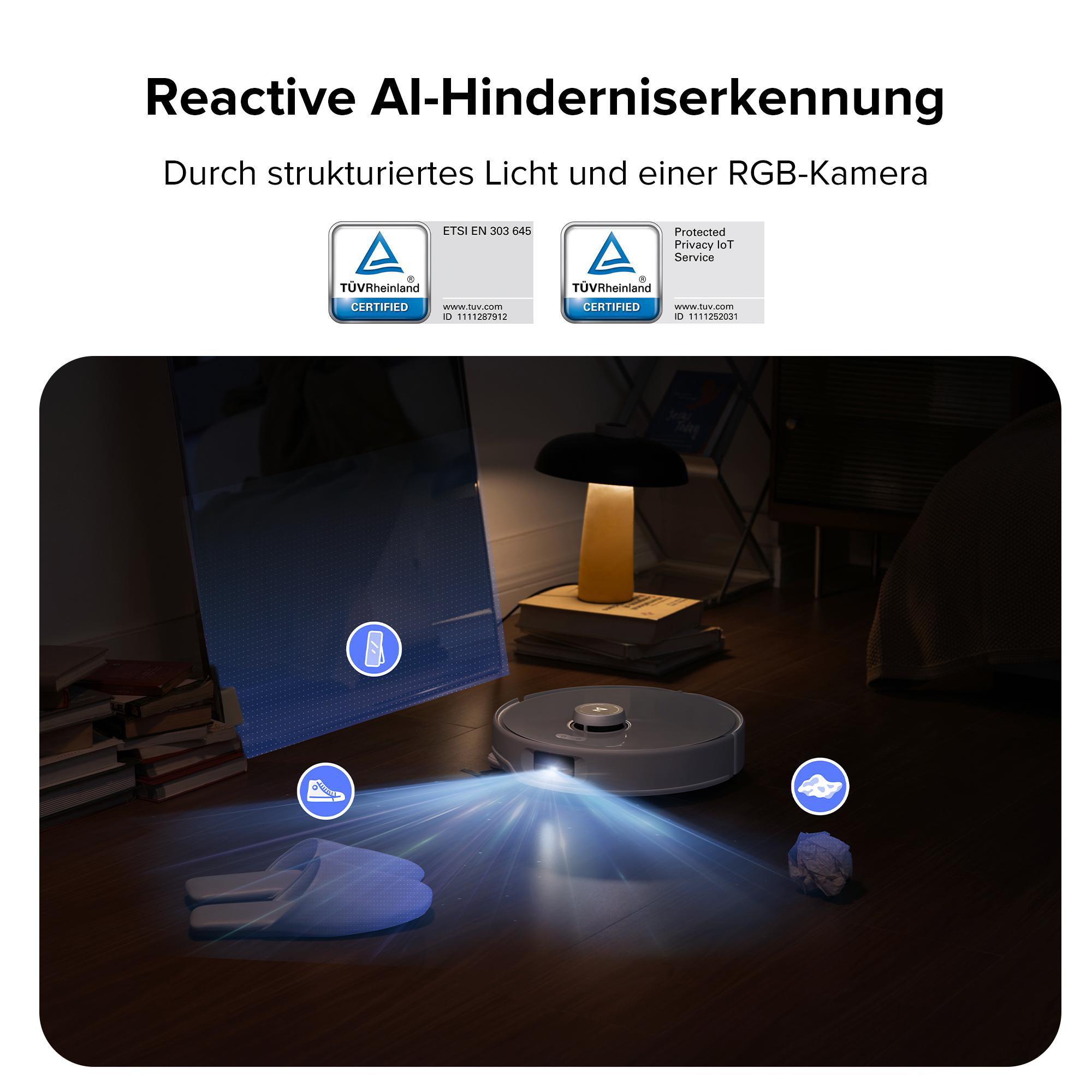 Roboter-Staubsauger reinigt Raum mit Text und Logos.