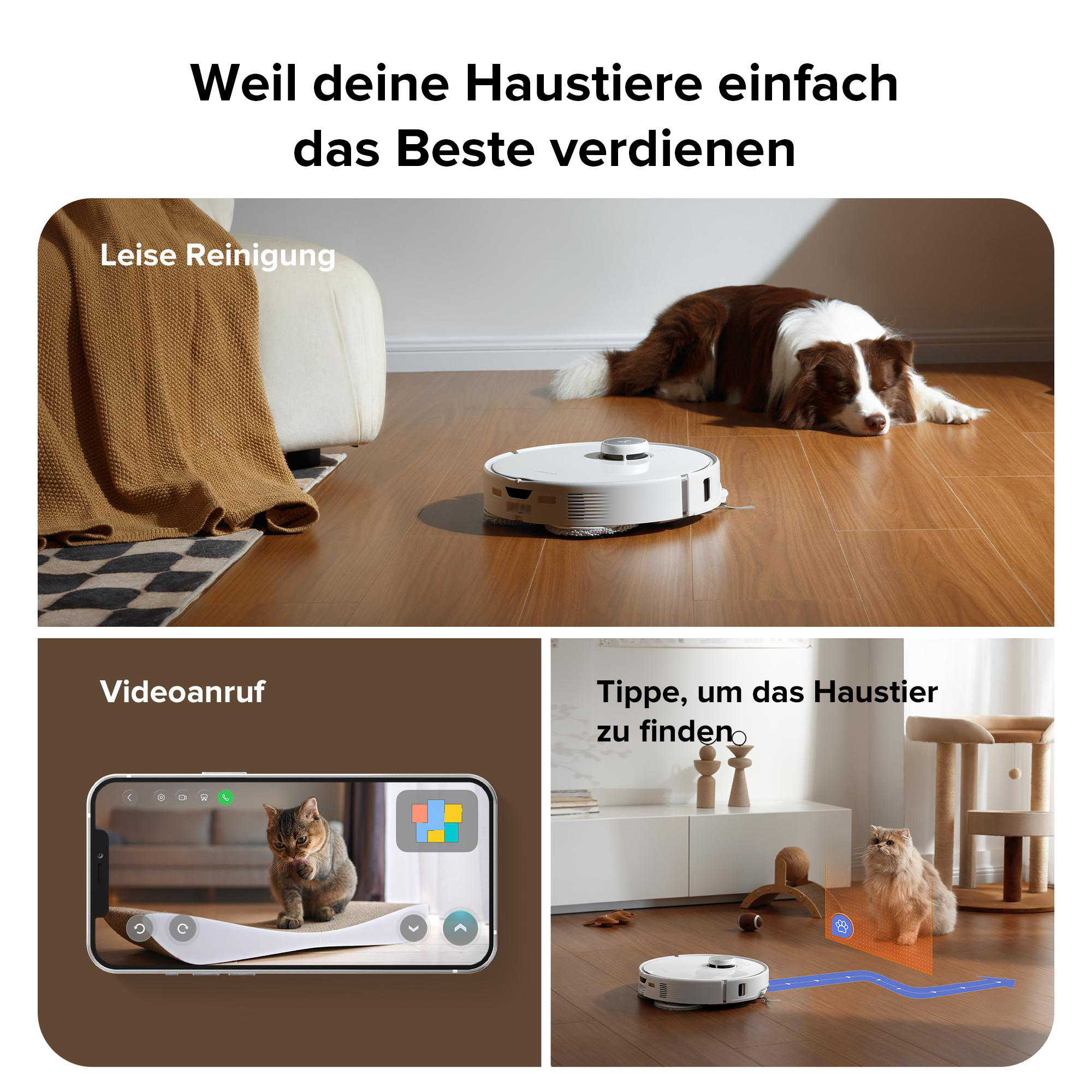 Ein Roboter-Staubsauger reinigt. Ein Hund liegt. Eine Katze auf einem Telefon.
