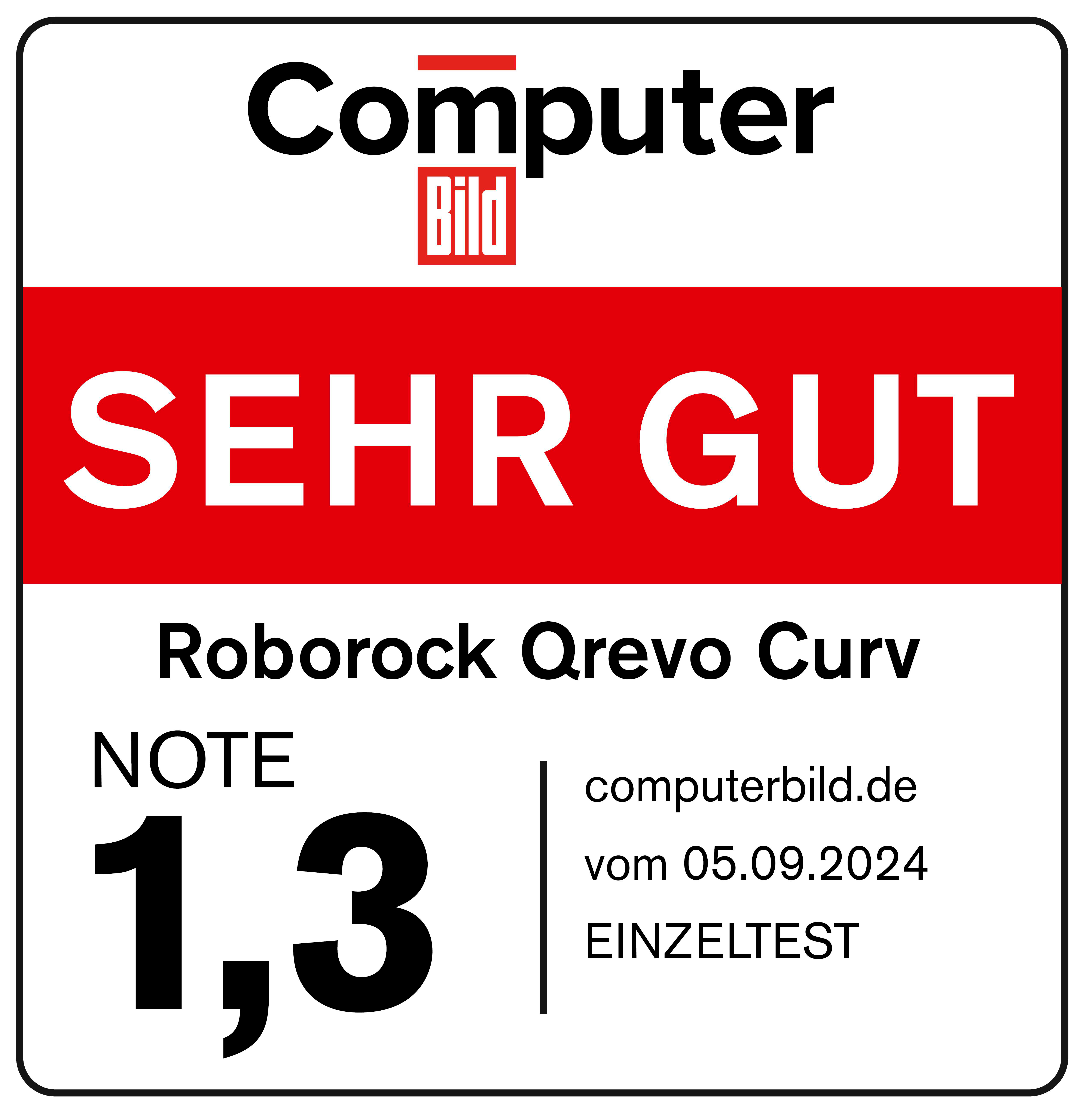 Weißes Quadrat mit Logo und Text. Liest sich „SEHR GUT“ (Sehr Gut) und eine Note 1,3.