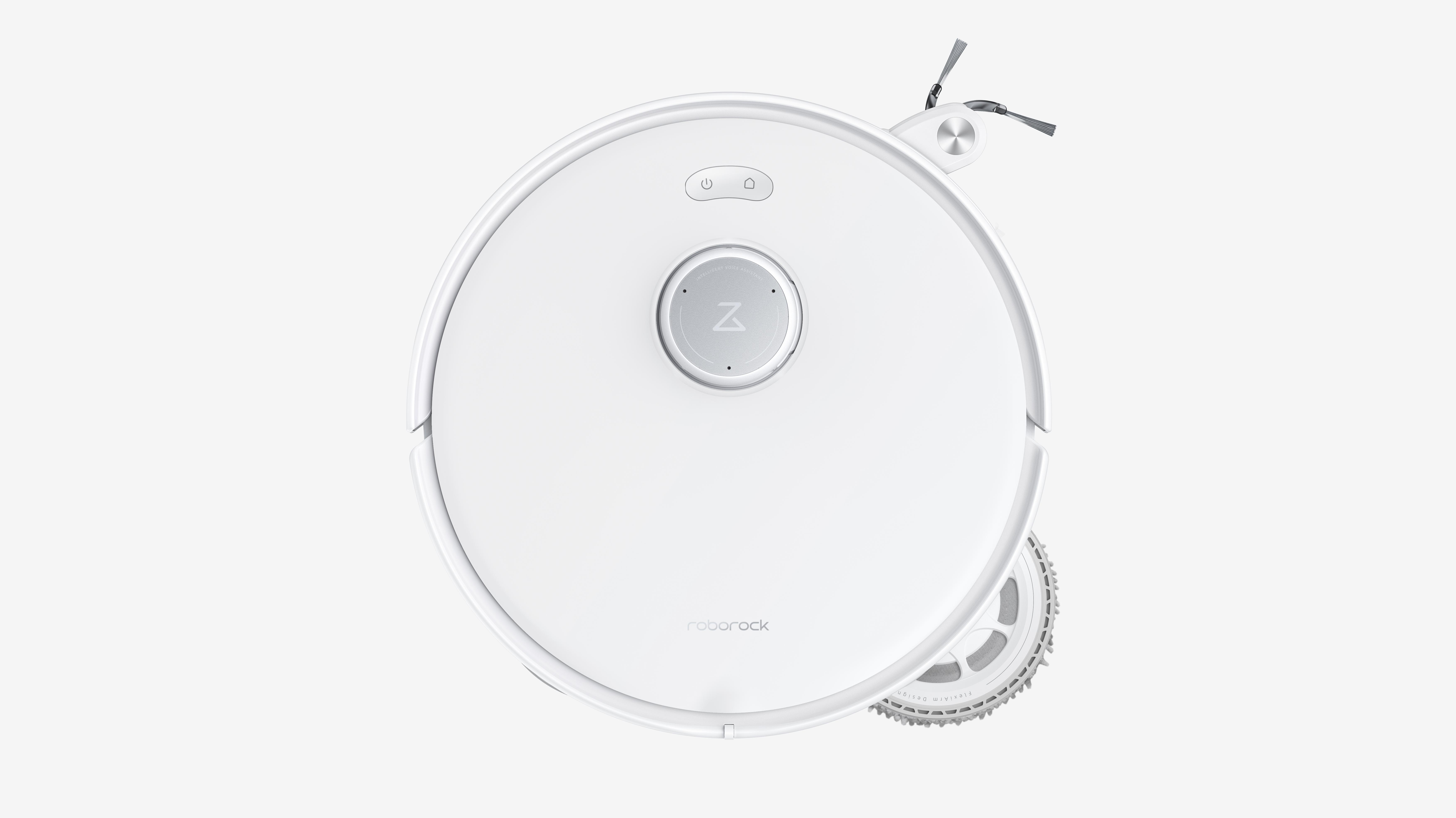 Draufsicht auf einen weißen Roboter-Staubsauger mit kreisförmigem Design und einer Seitenbürste.