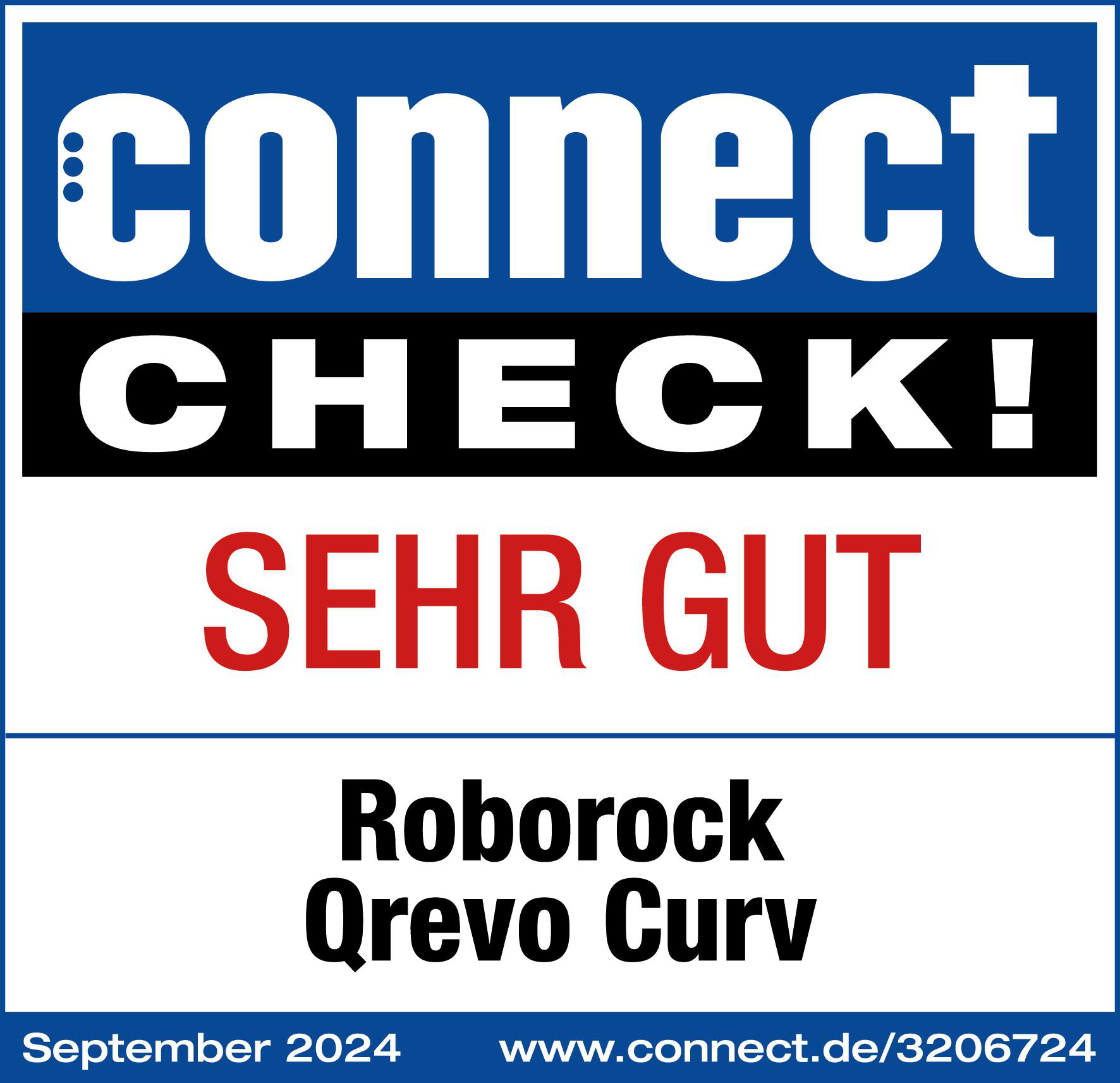 Connect Check Logo. Text: Connect Check! Sehr Gut. Roborock Qrevo Curv. September 2024.