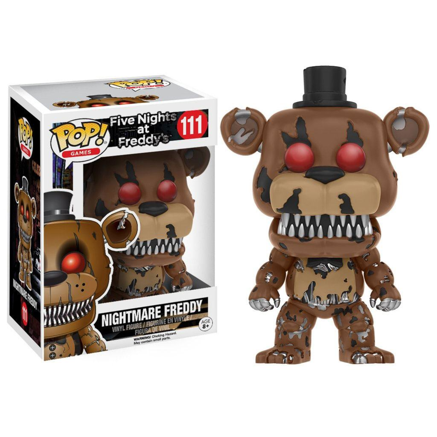 A Nightmare Freddy Funko Pop figure with its box, isolated on white.