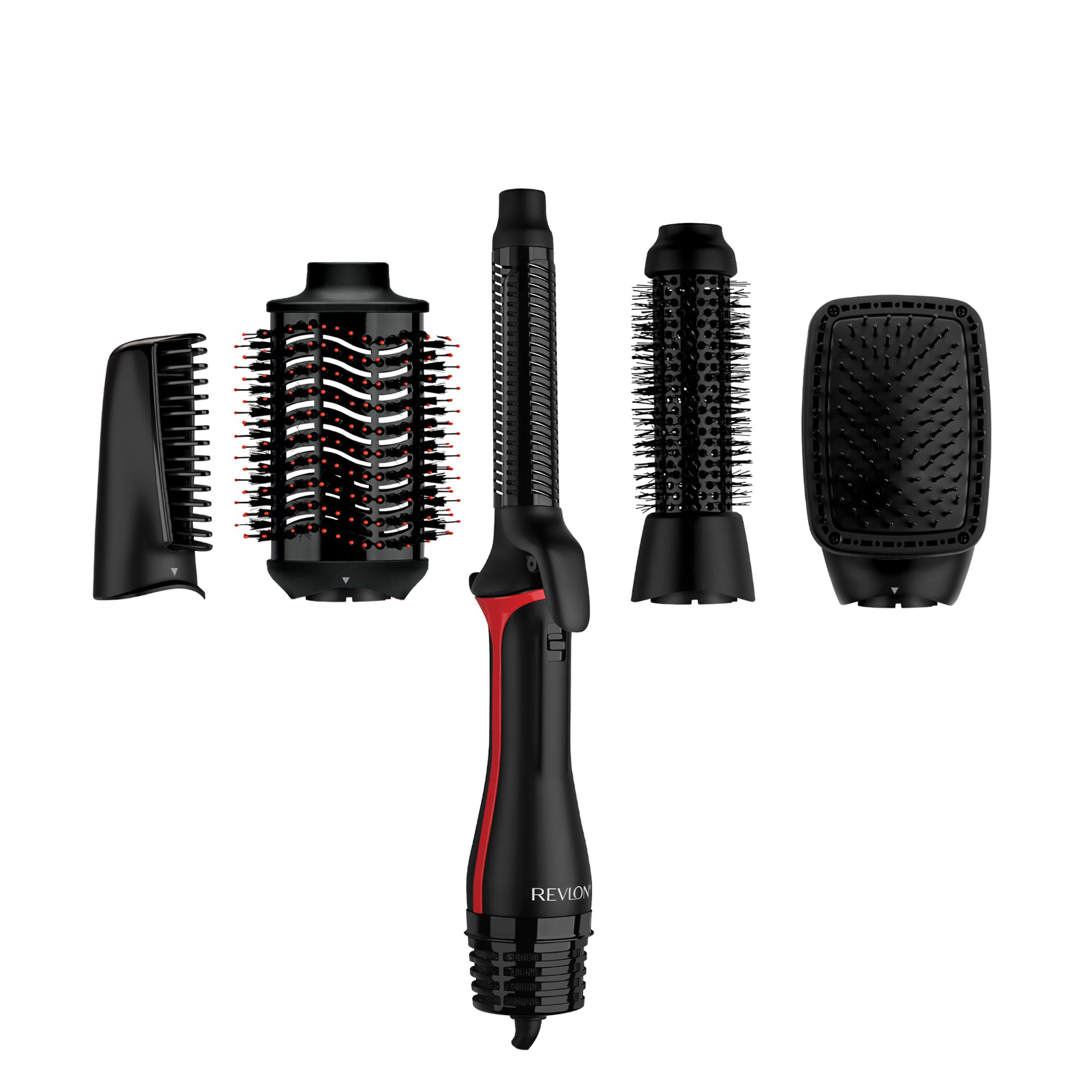 Haarstyling-Werkzeug mit einem schwarz-roten Griff und mehreren austauschbaren Bürstenköpfen auf weißem Hintergrund.