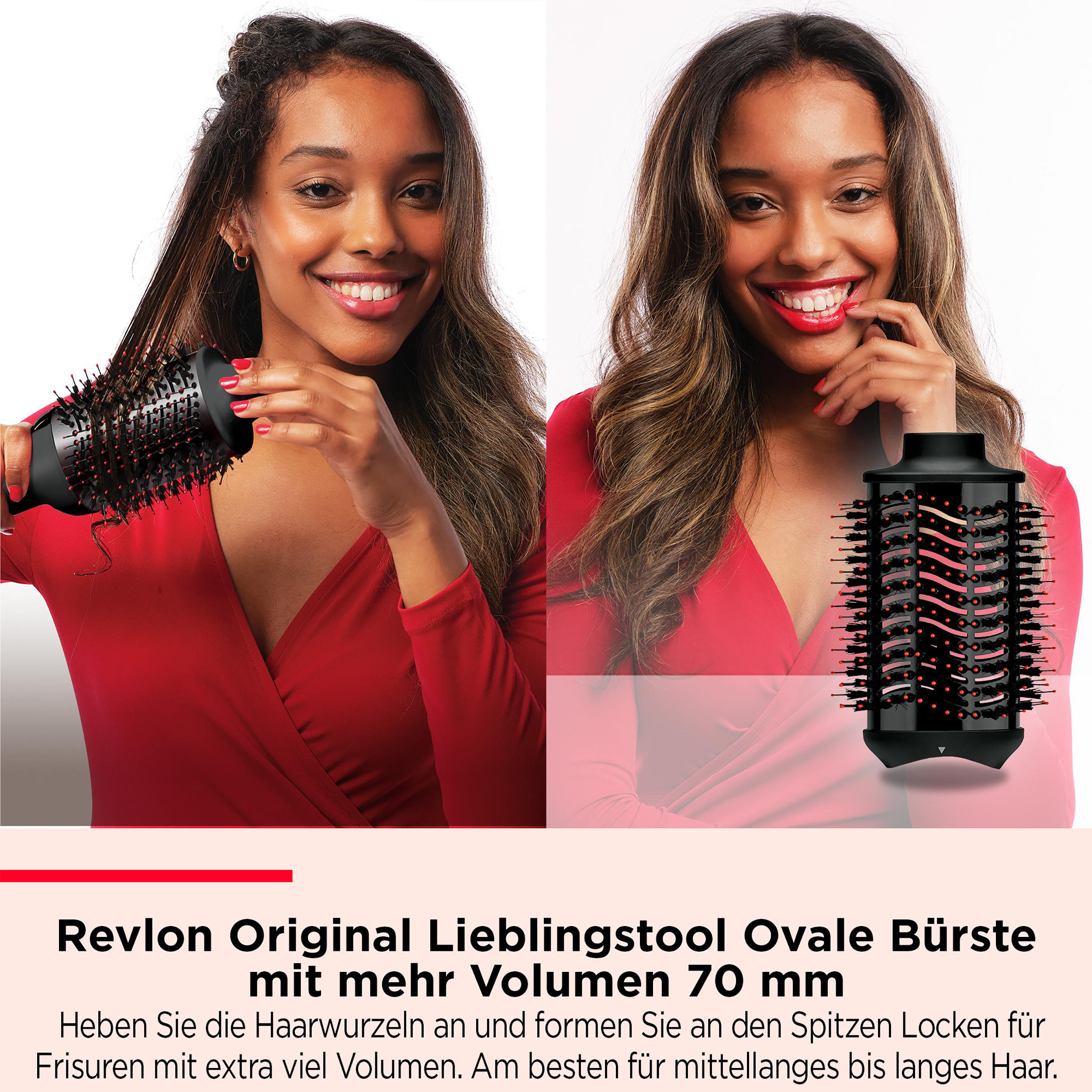 Frau in rotem Kleid mit Lockenstab, Vorher-Nachher-Ergebnisse zeigend.