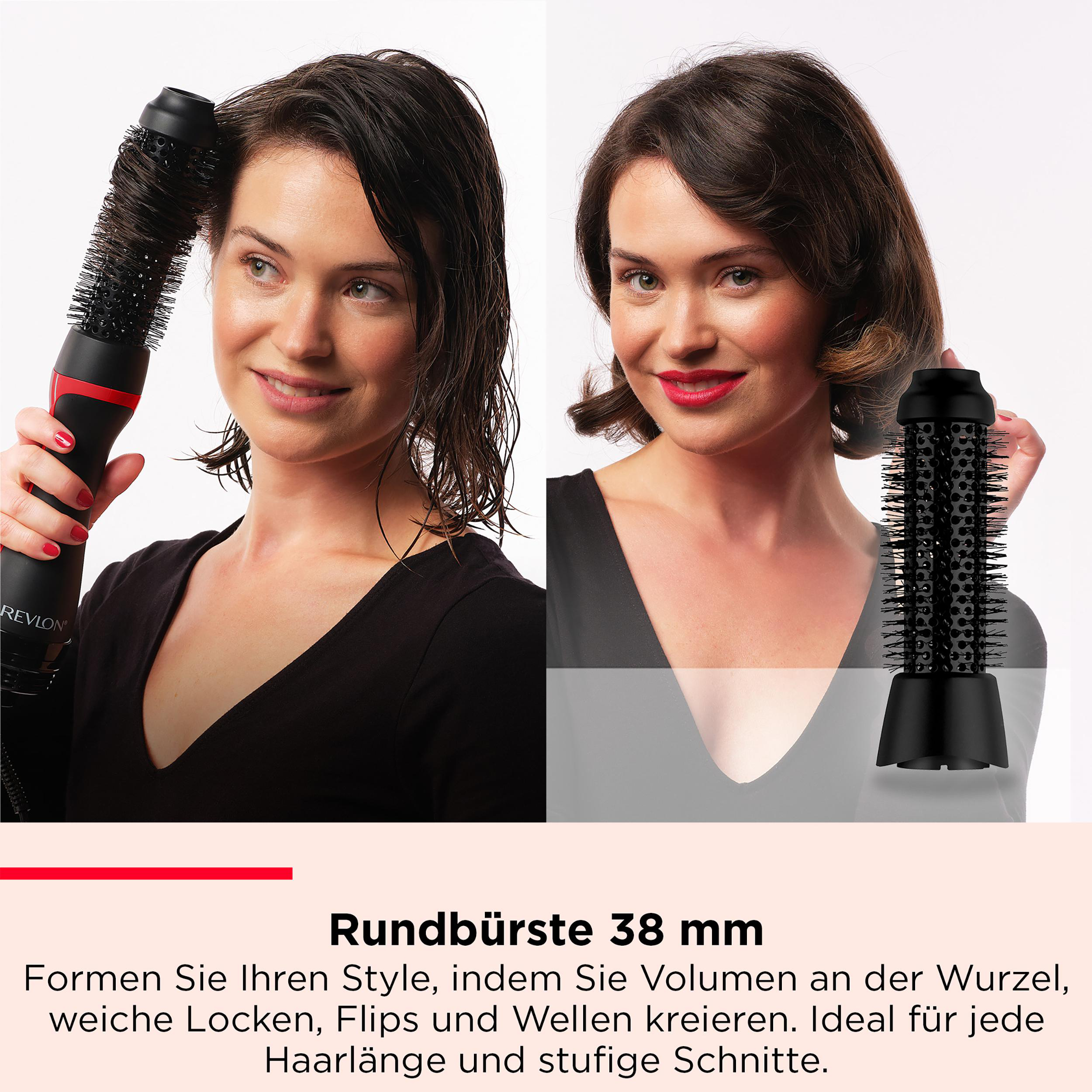 Eine Frau, die ihr Haar mit einer Rundbürste und einem Revlon-Haarstyler stylt.