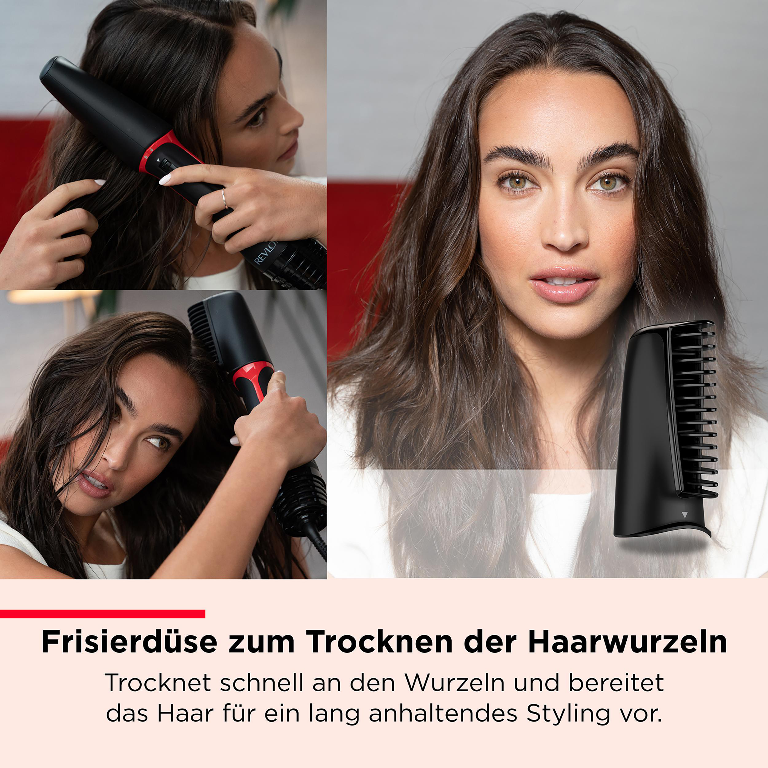 Frau benutzt eine Haarstylingbürste, um ihr Haar zu trocknen.