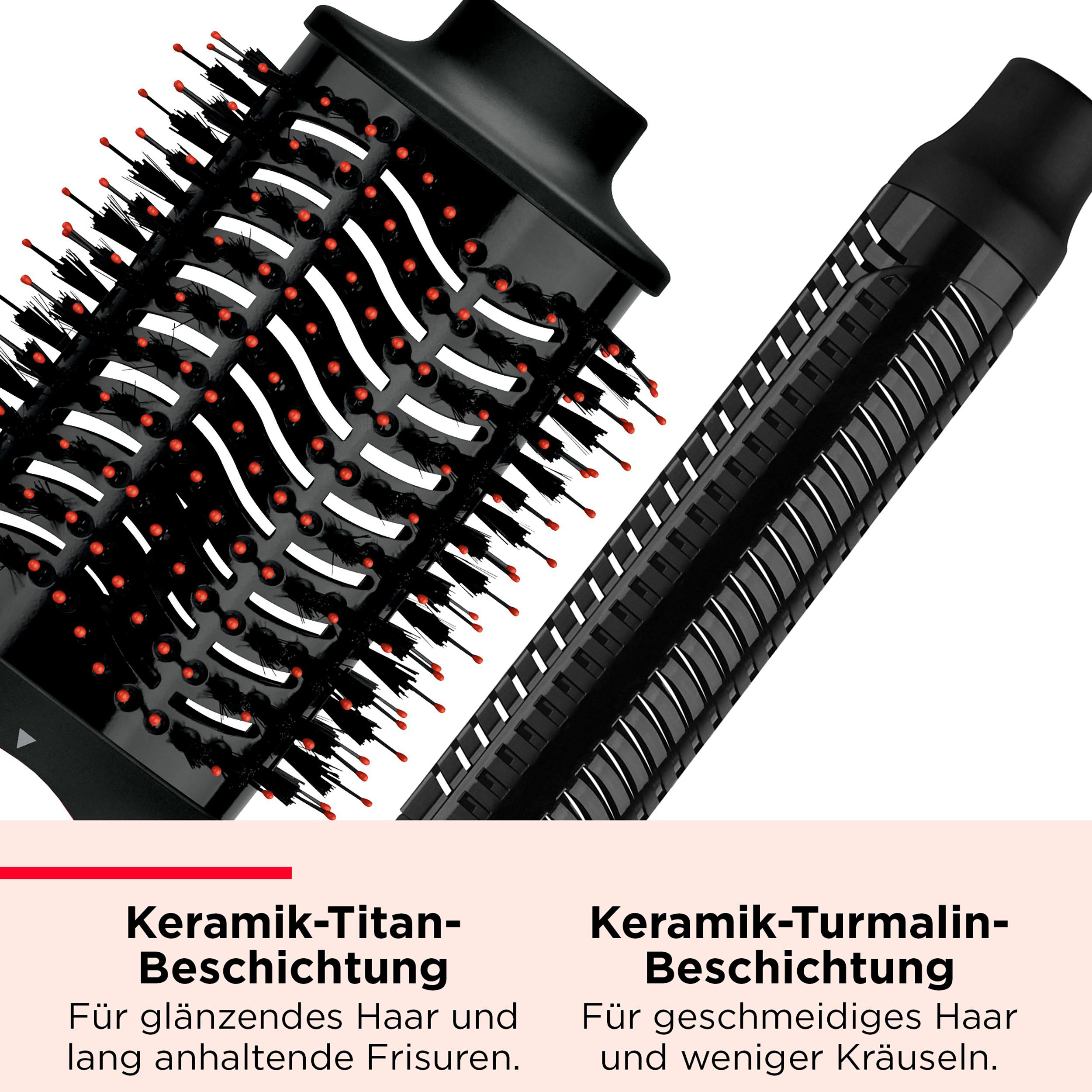 Zwei schwarze Haarbürsten mit Text über Keramikbeschichtungen.