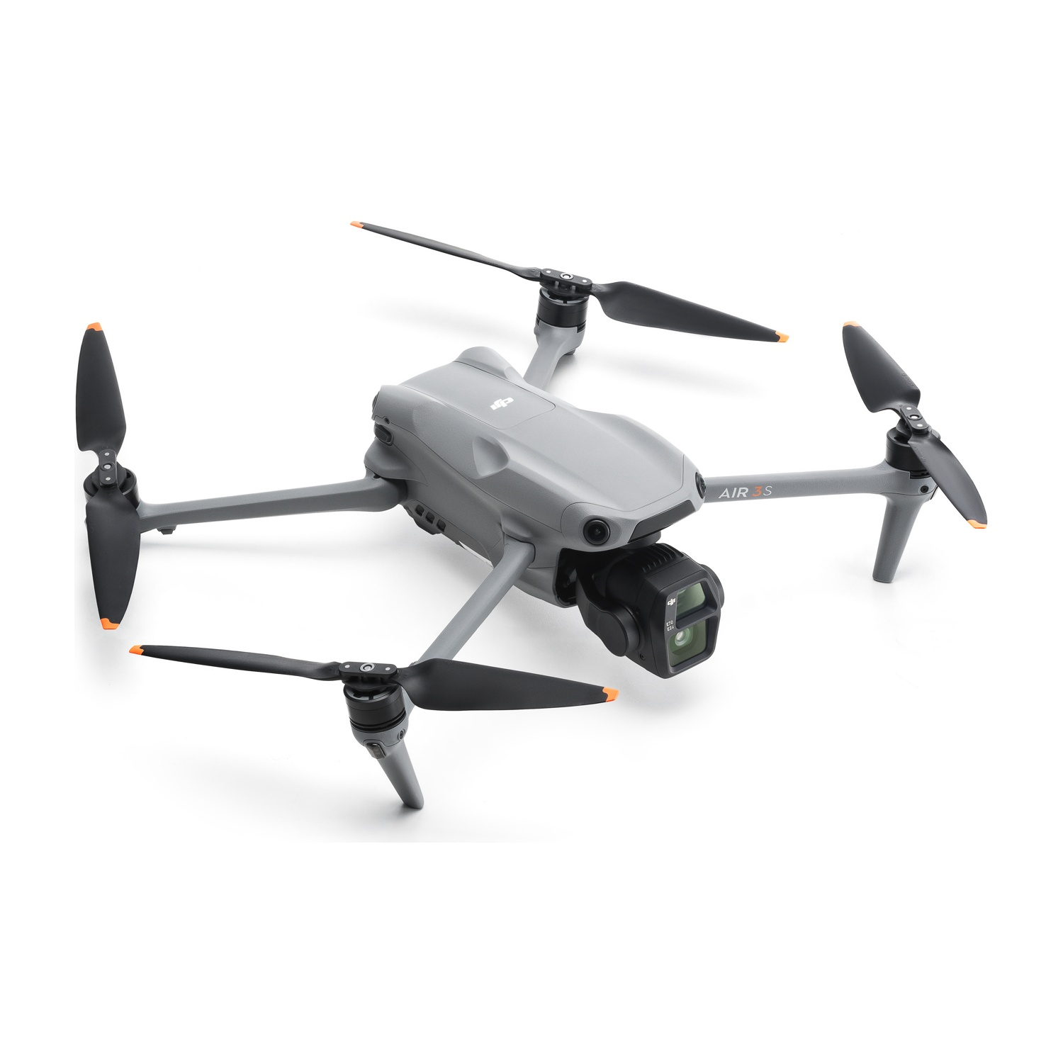 Un drone grigio con quattro eliche. Il drone è al centro, con uno sfondo bianco.
