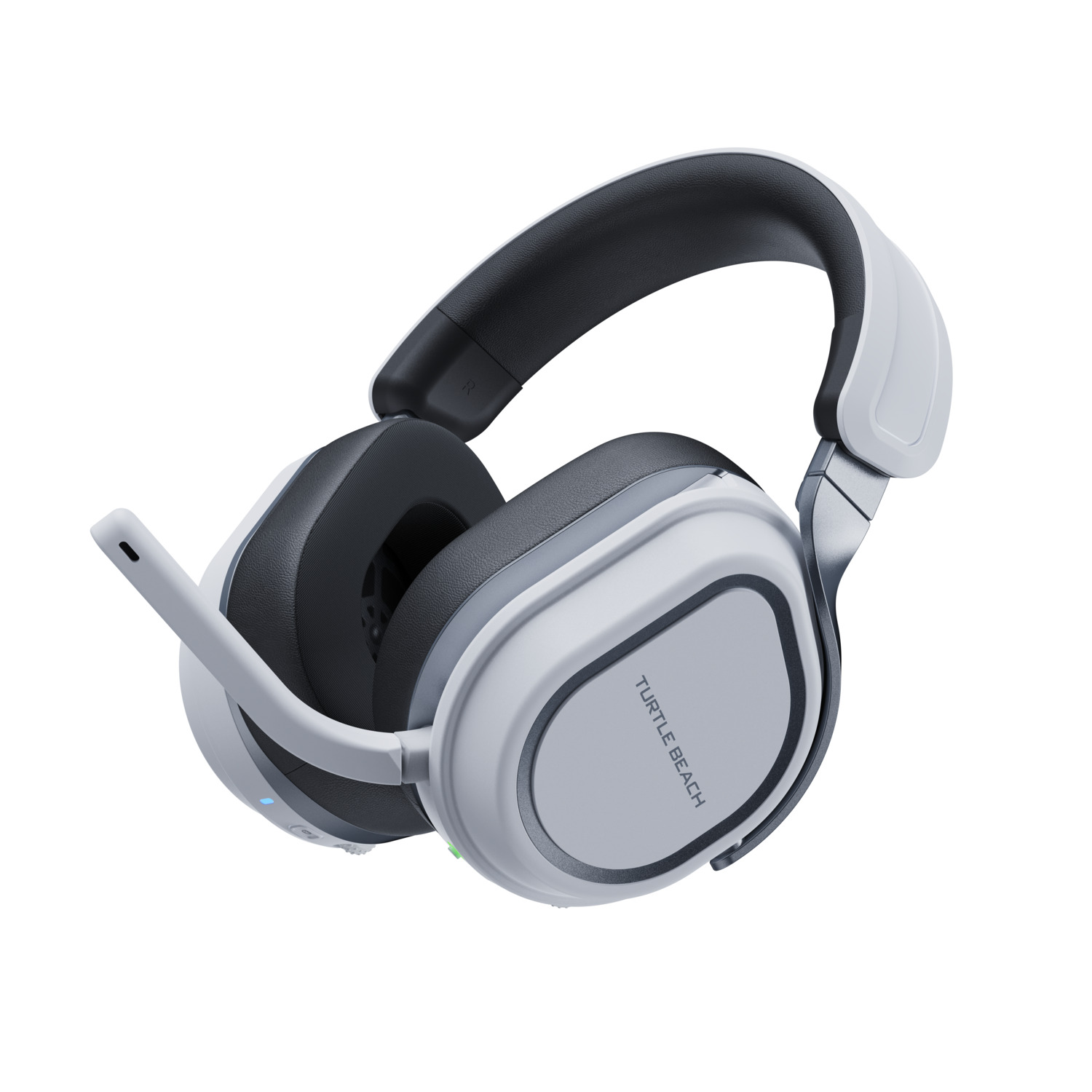 Casque de jeu blanc et noir avec un microphone.