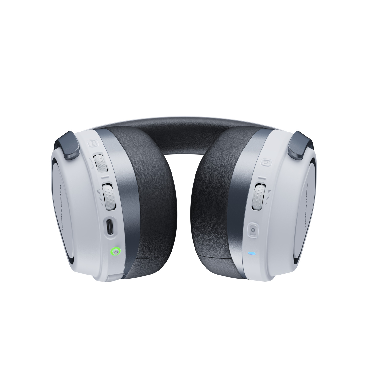 Casque audio avec un design blanc et gris. Commandes sur les écouteurs. Bandeau noir.