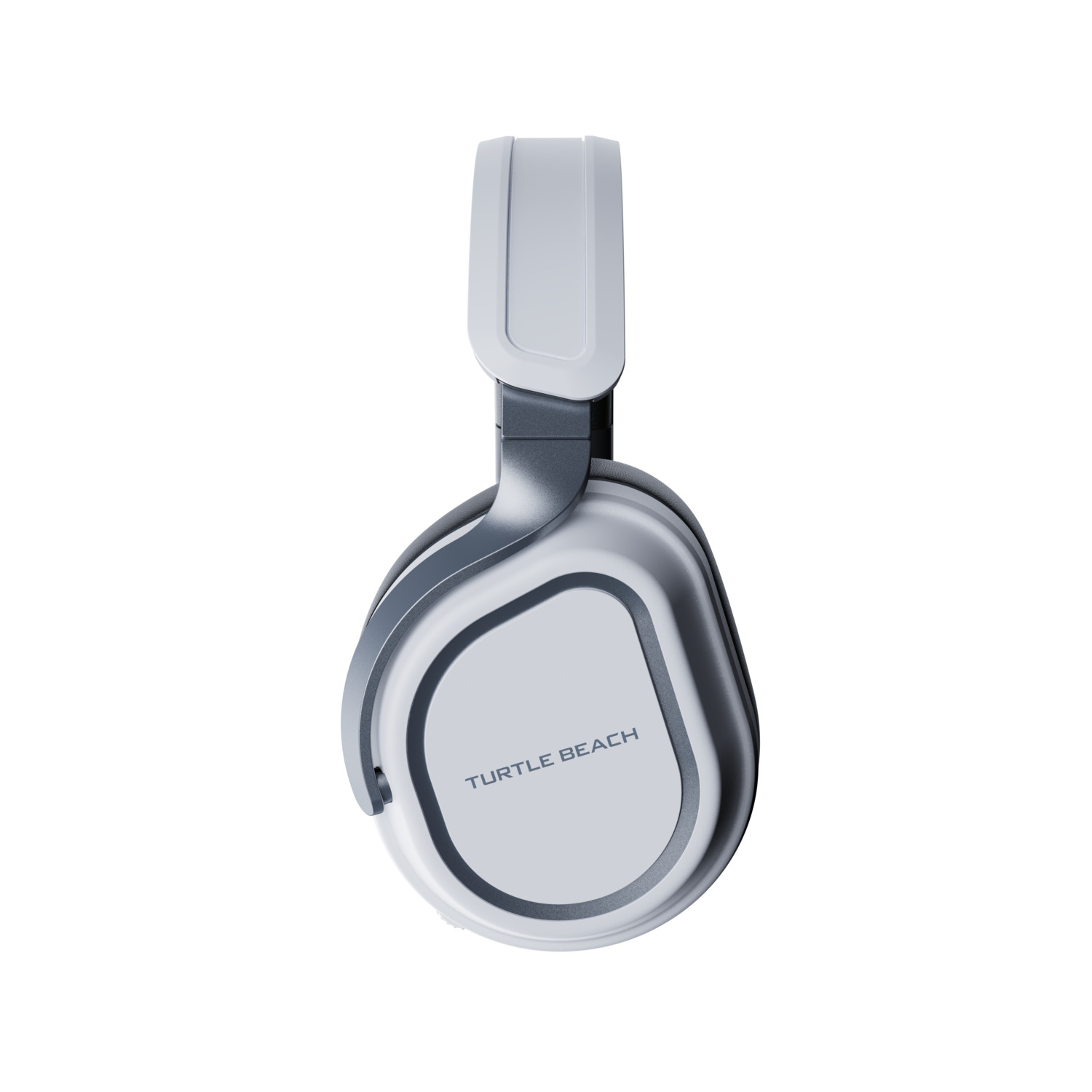 Casque Turtle Beach blanc et argenté, vu de côté. Sur fond blanc.