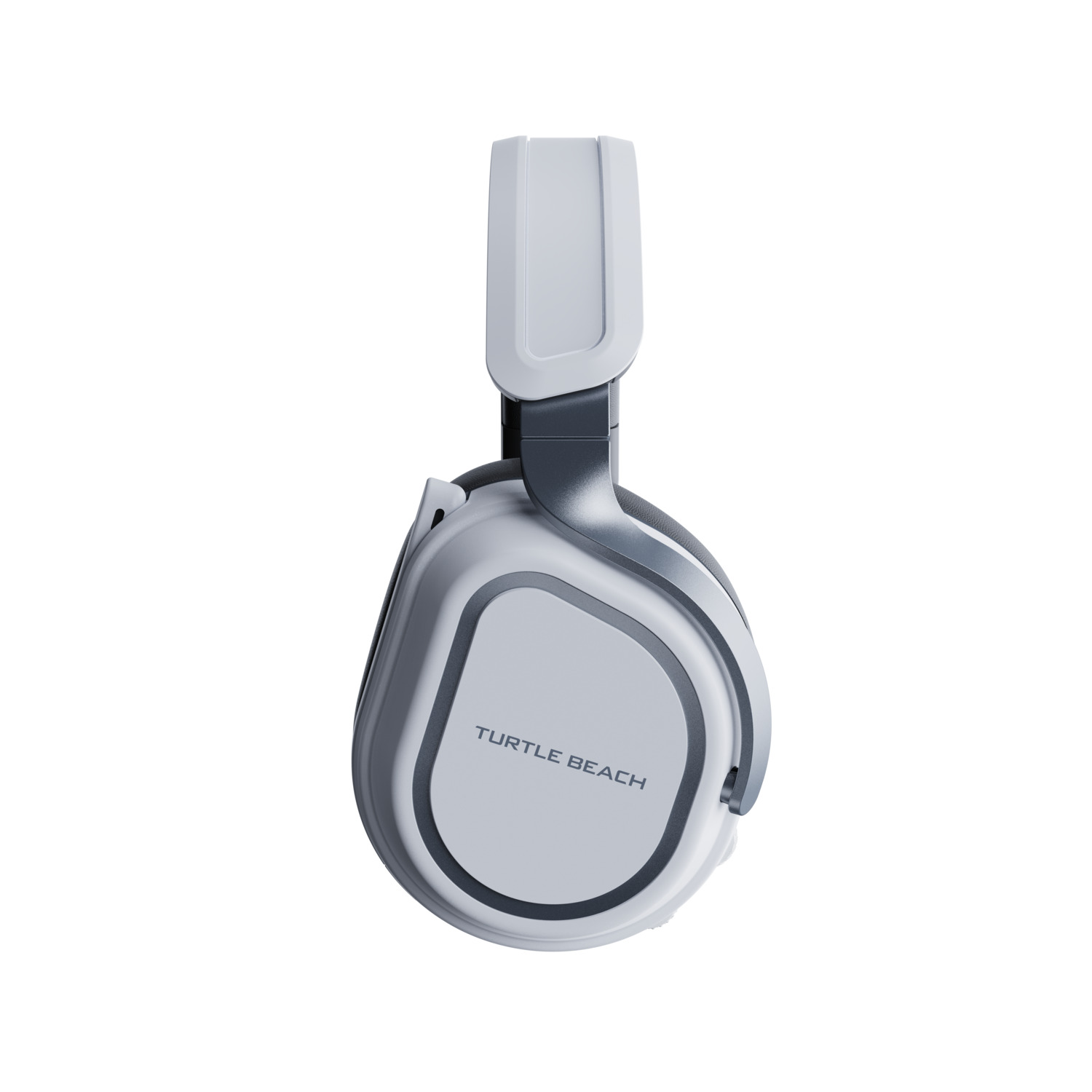 Un casque circum-auriculaire blanc et gris avec le texte 'TURTLE BEACH' sur l'oreillette, sur fond blanc.