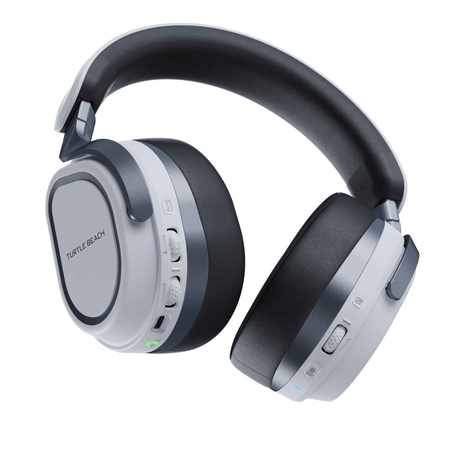 Un casque blanc et gris. Ils ont des commandes de volume et un microphone. Le nom de la marque est visible.