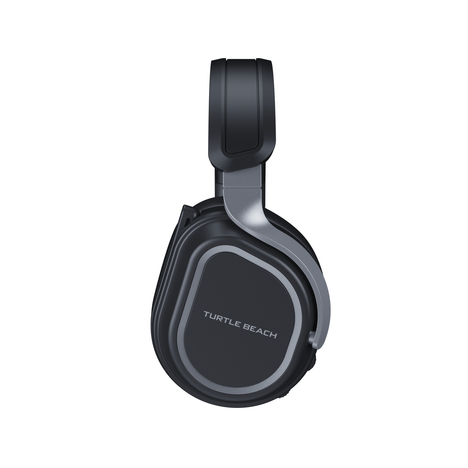 Casque Turtle Beach noir et argenté, vue latérale. Le fond est blanc.
