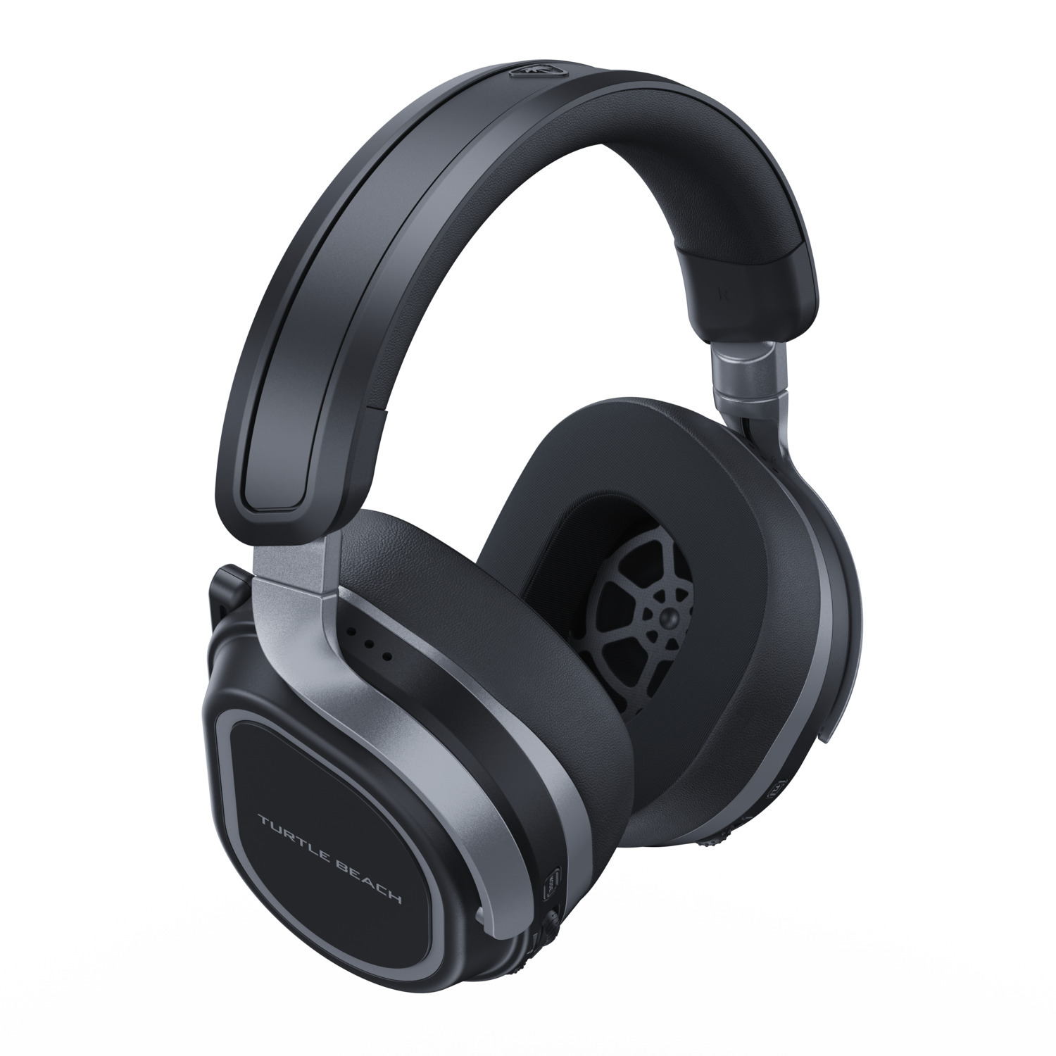Casque Turtle Beach noir et gris, avec oreillettes et serre-tête.