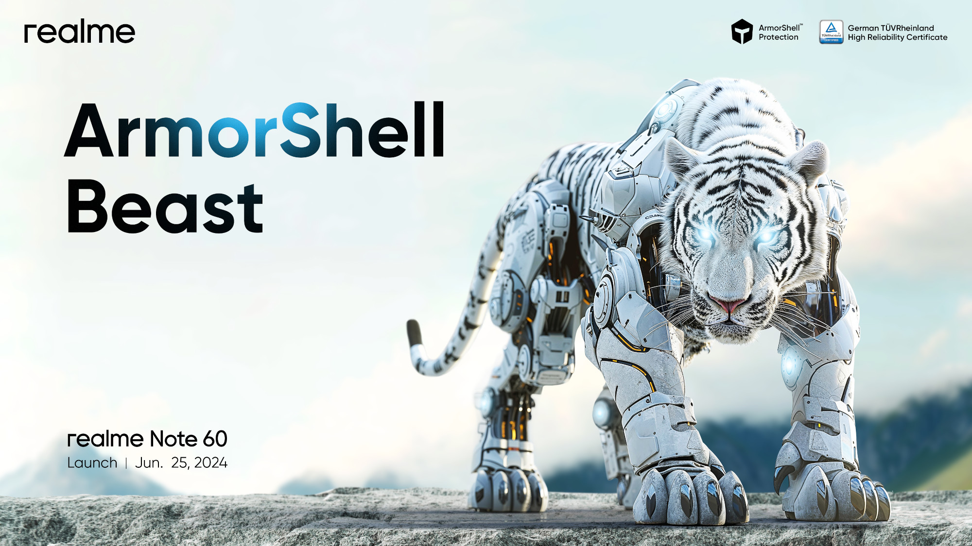 Robotyczny tygrys w białej zbroi stoi na skalistej powierzchni.