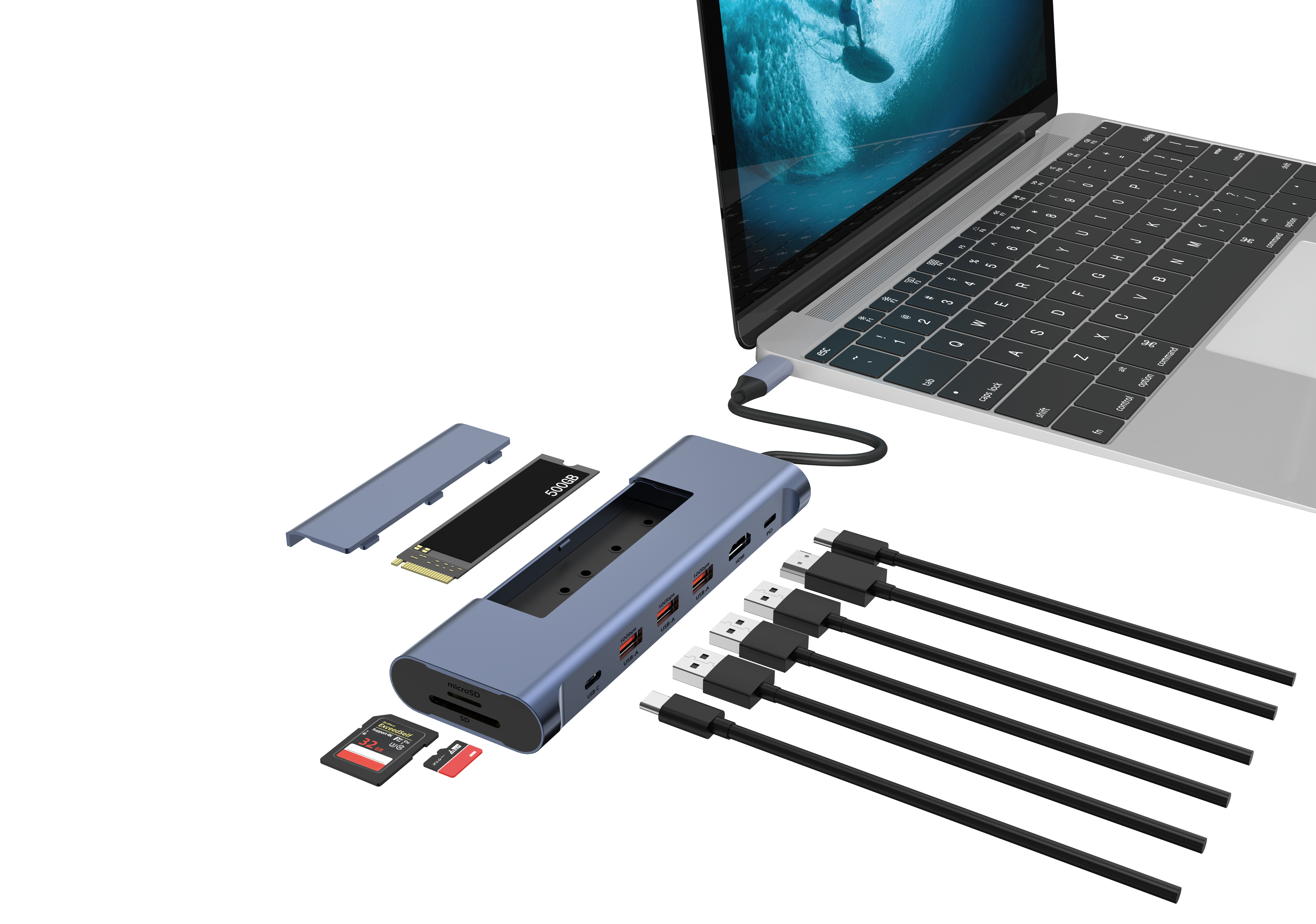 Laptop, verbunden mit Hub, Kabeln, SD-Karten und SSD-Laufwerk-Komponenten.