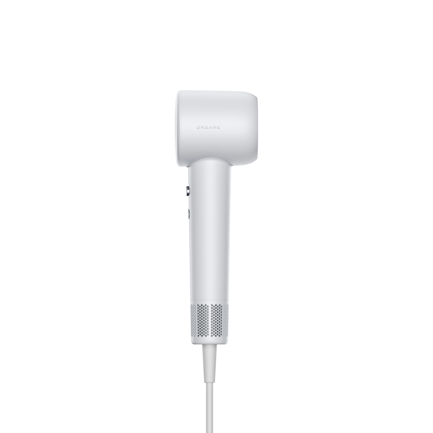 White hair dryer, Dreame brand. Front view, on a white background.
