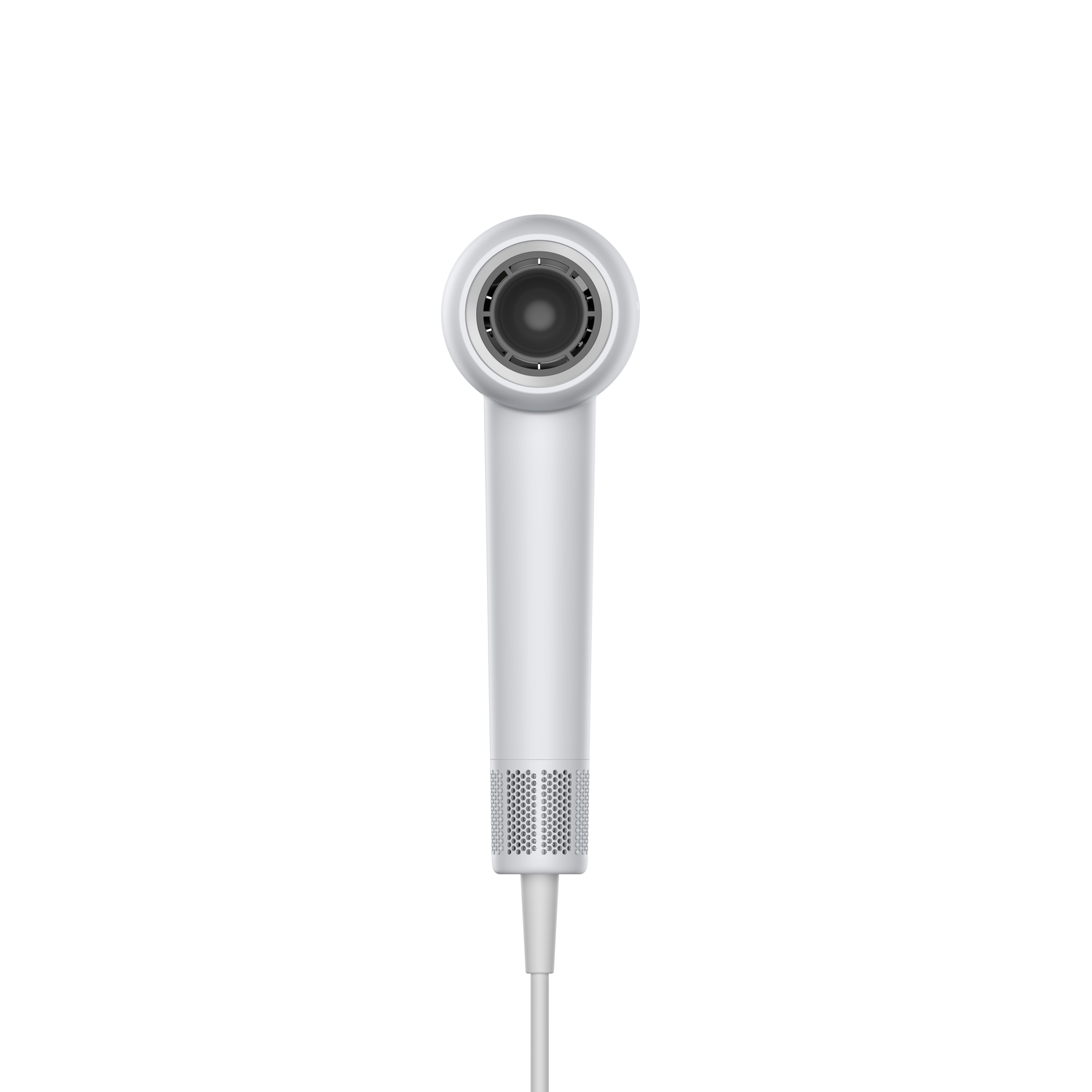 White showerhead with a white cord, straight on view against white background.