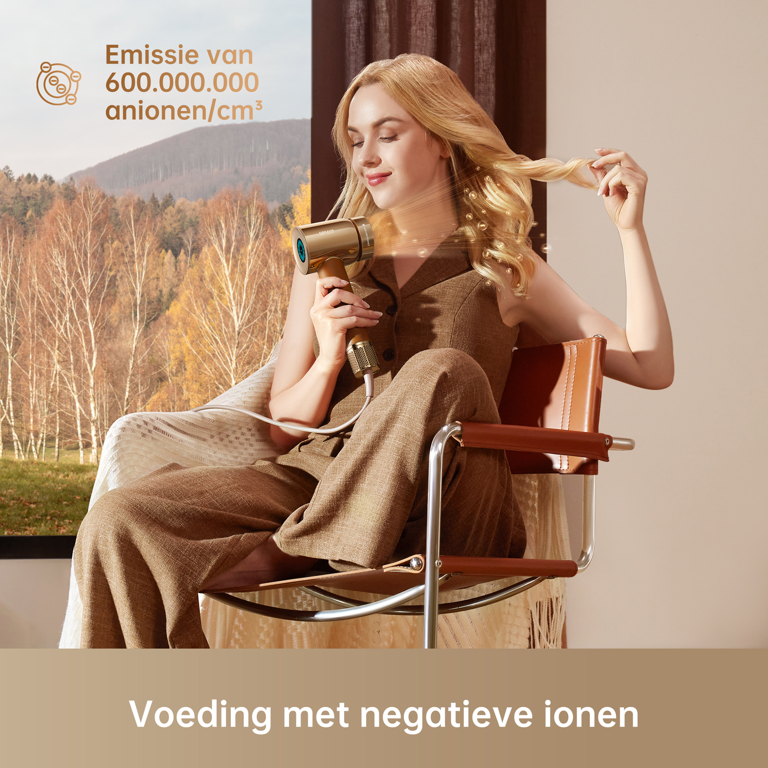 Woman with blonde hair using a gold hairdryer, sitting in a chair.