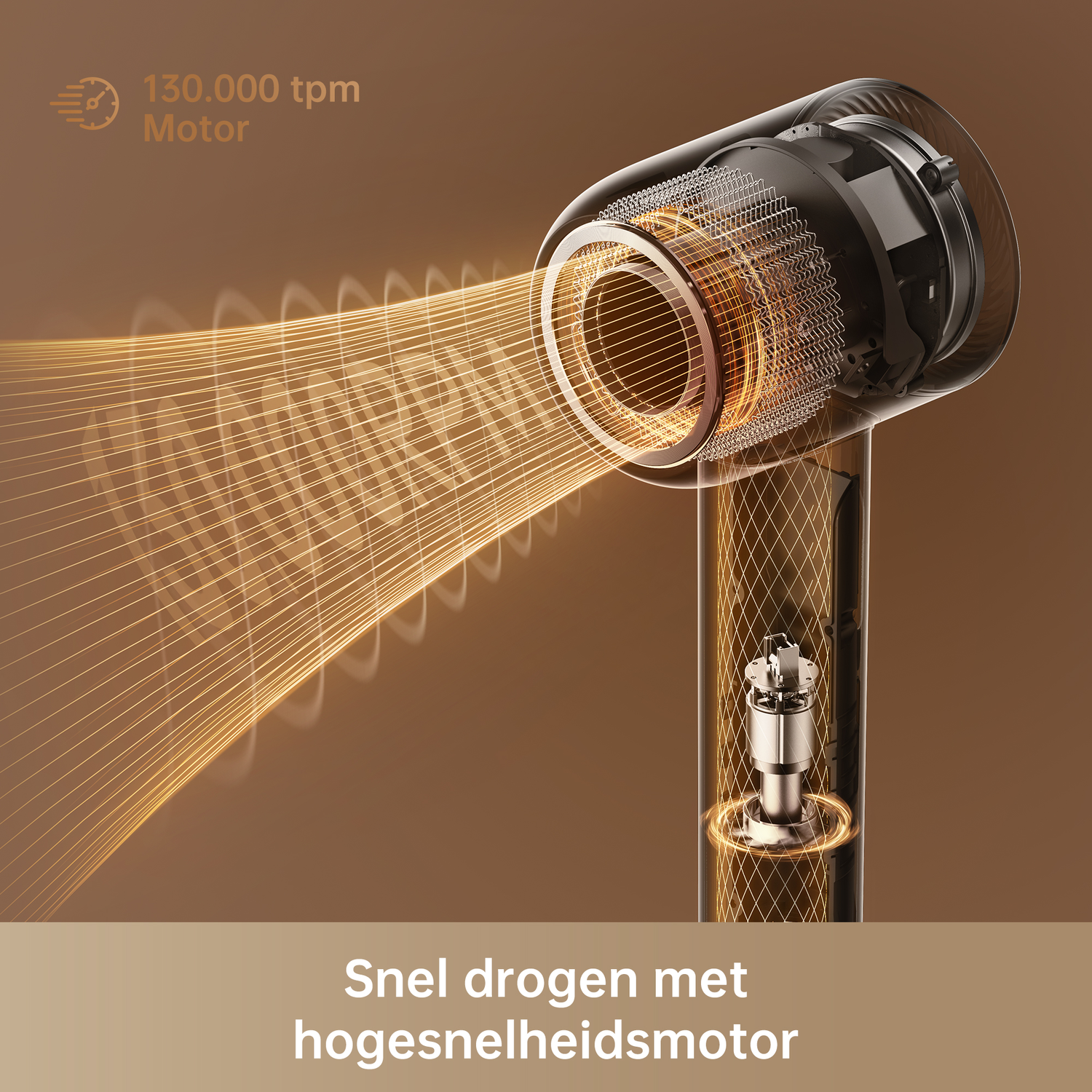 Hair dryer with orange air streams emitting from the nozzle, highlighting high-speed motor.