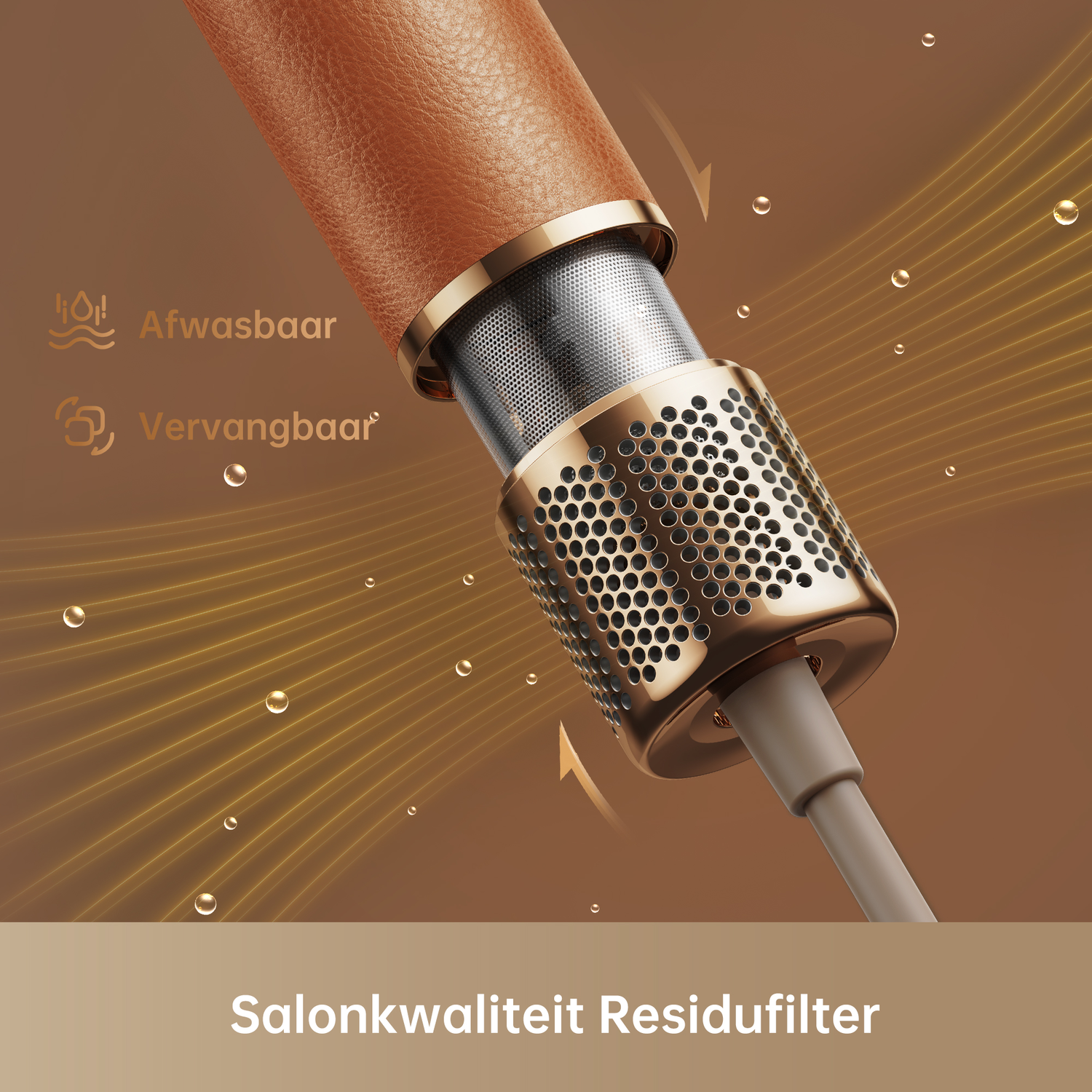 Close-up of a brown and gold hair dryer. Text says 'Washable' and 'Replaceable'. Background has gold sparkles.