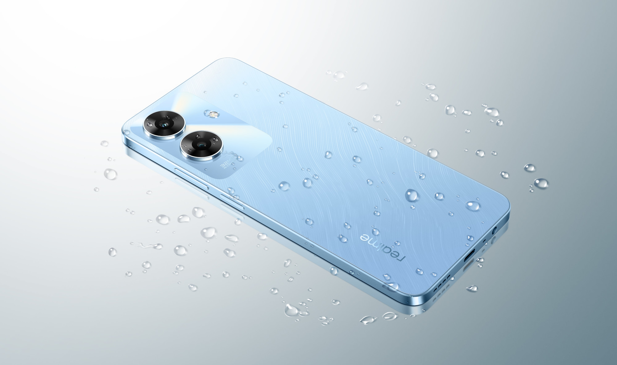 Niebieski smartfon z kroplami wody i podwójnymi aparatami, z marką 'realme'.