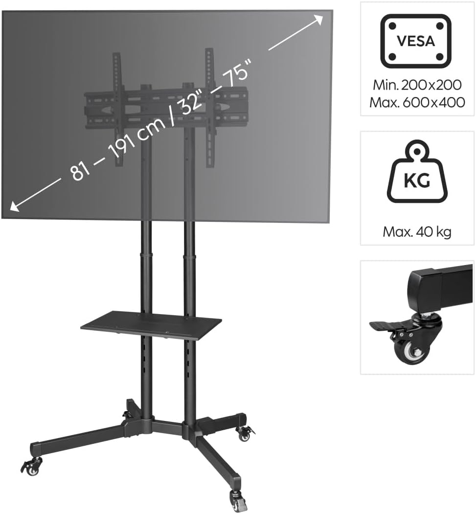 Un soporte de TV negro con un televisor encima. El tamaño del televisor es de 32-75 pulgadas. Fondo blanco.