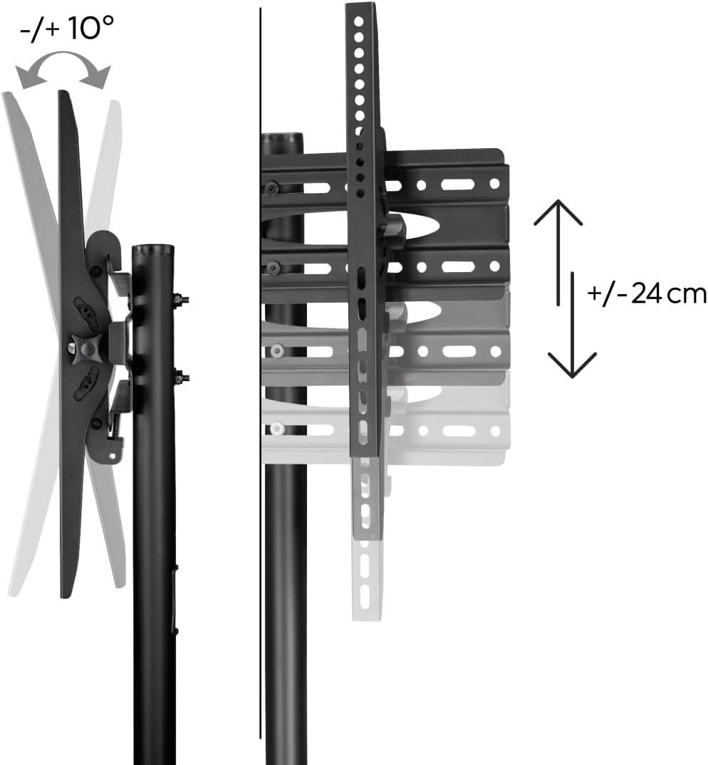 Soporte de pared para TV, negro, con inclinación y altura ajustables, sobre fondo blanco.