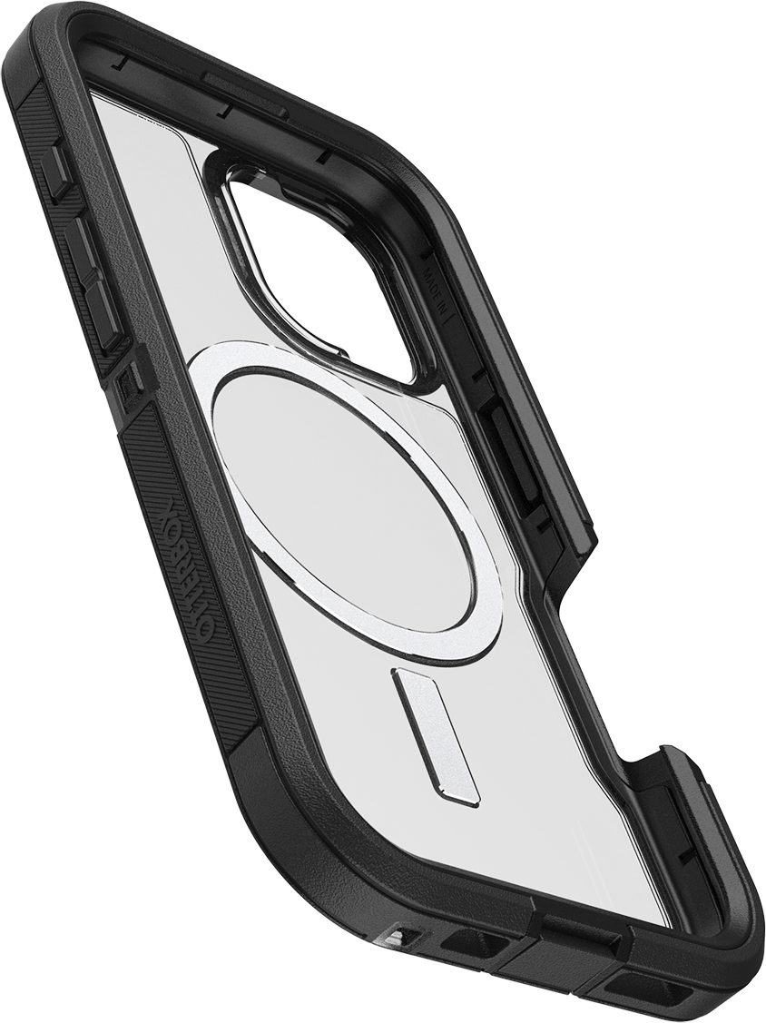 Fekete és átlátszó OtterBox telefontok. Átlátszó hátlapja és fekete védőkerete van.