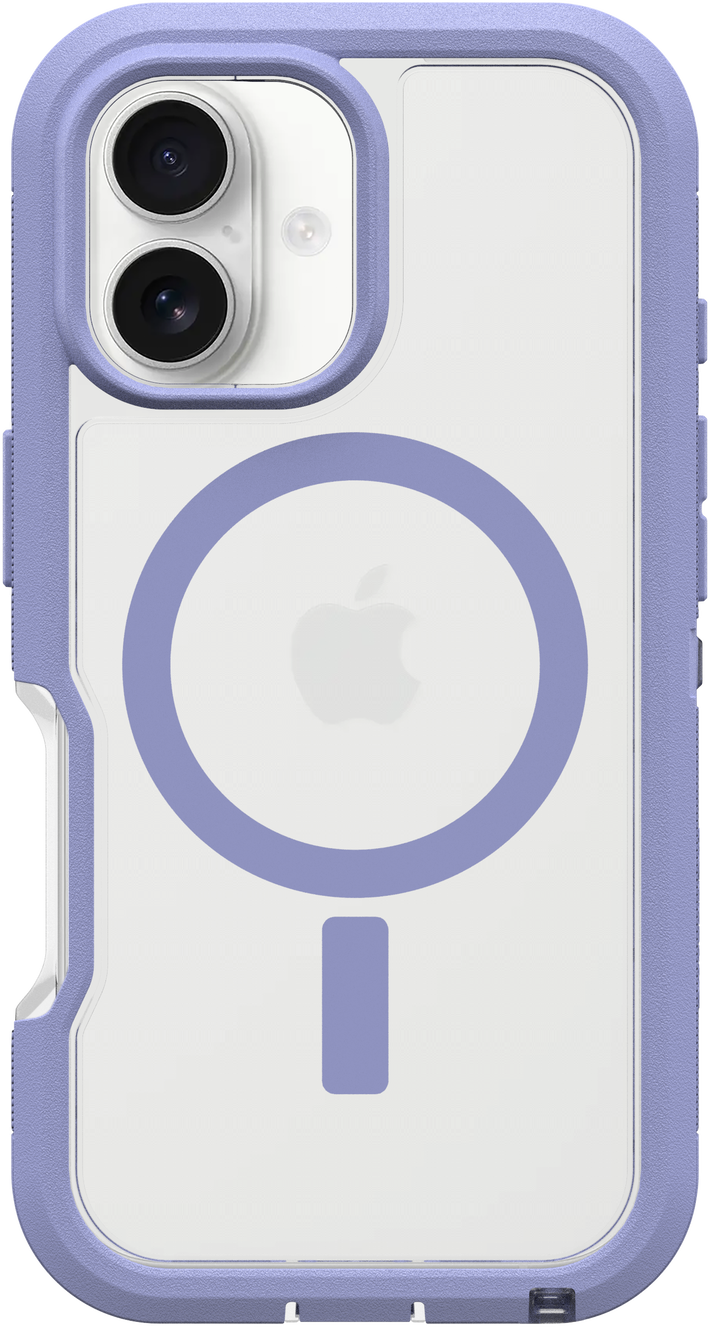 Telefontok átlátszó/lila keretben, hátulján Apple logóval.
