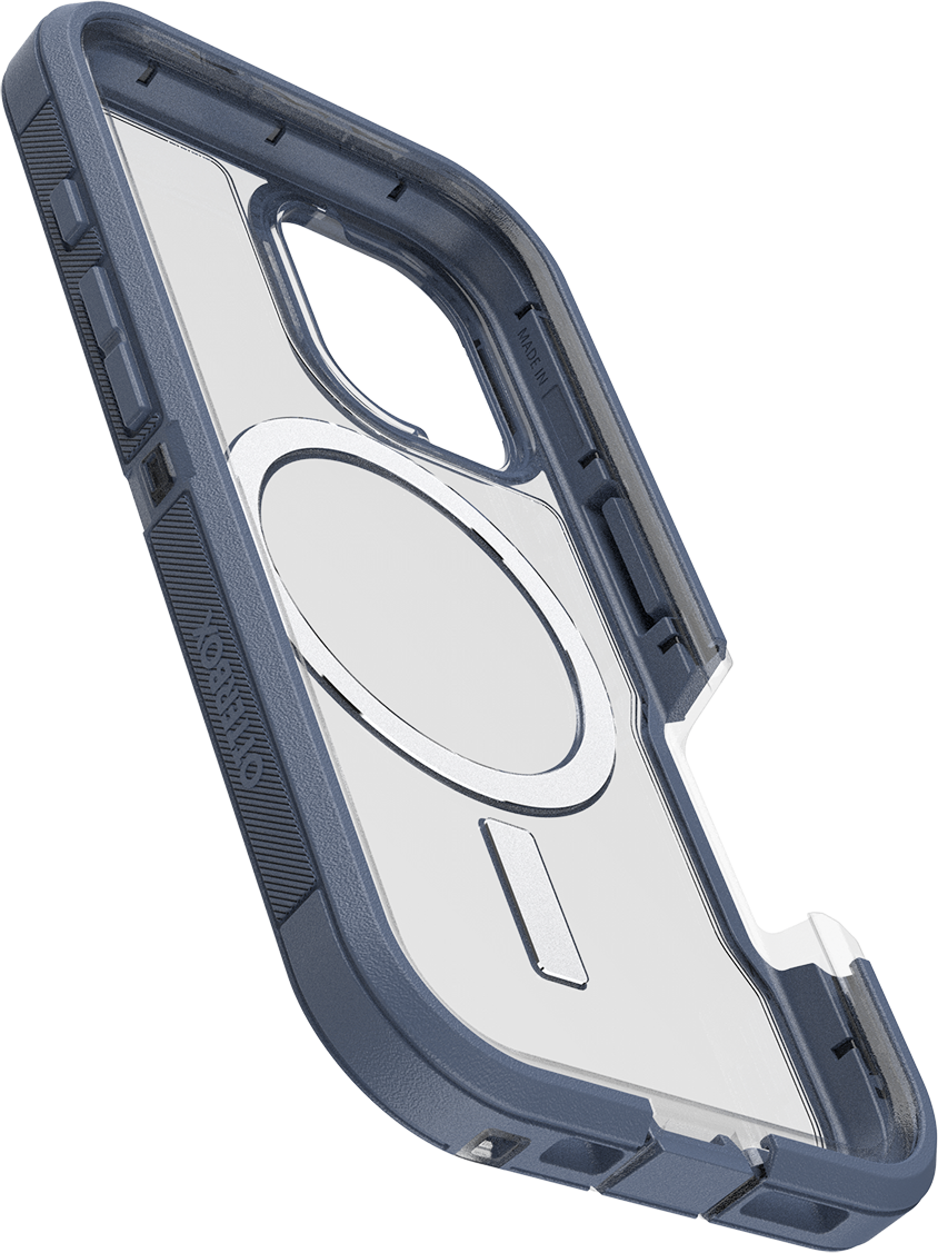 Egy kék telefontok, átlátszó háttal, egy kör alakú MagSafe alkatrészt mutatva.