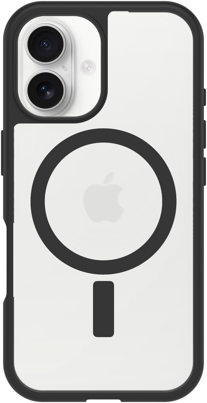 Egy okostelefon-tok fekete szegéllyel és egy nagy fekete körrel, amely az Apple logót tartalmazza. A telefon fehér.