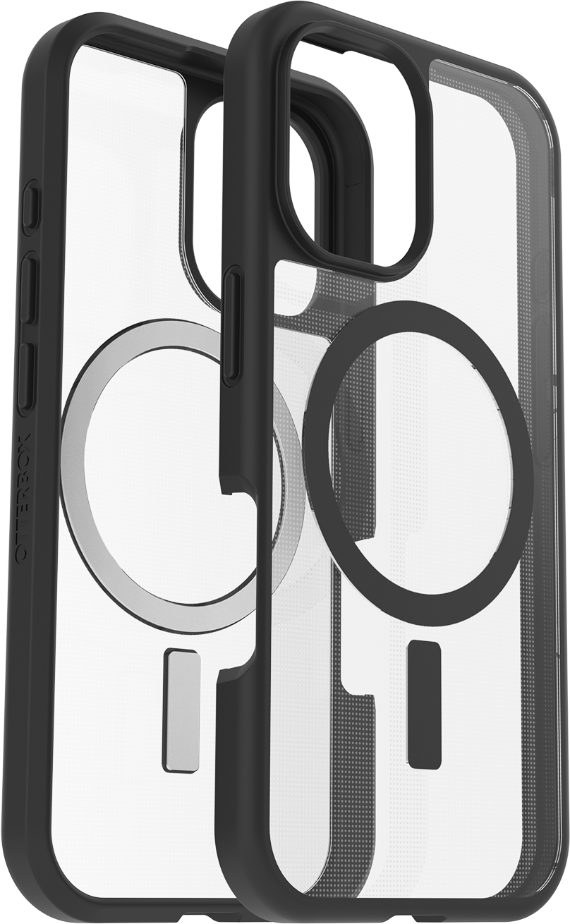 Két telefontok, átlátszó, fekete szegéllyel, szögből. Az OtterBox márkanév látható az egyiken.