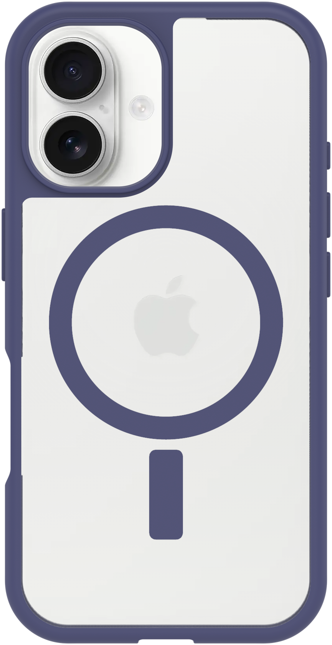 iPhone 12 tok, fehér hátlap, kék szegély, Apple logó és átlátszó design.