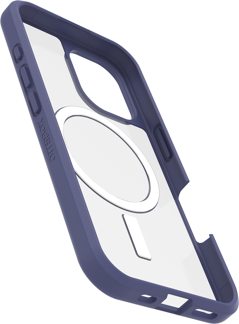 Kék telefontok átlátszó háttal, fehér MagSafe gyűrűvel. Otterbox logó látható.