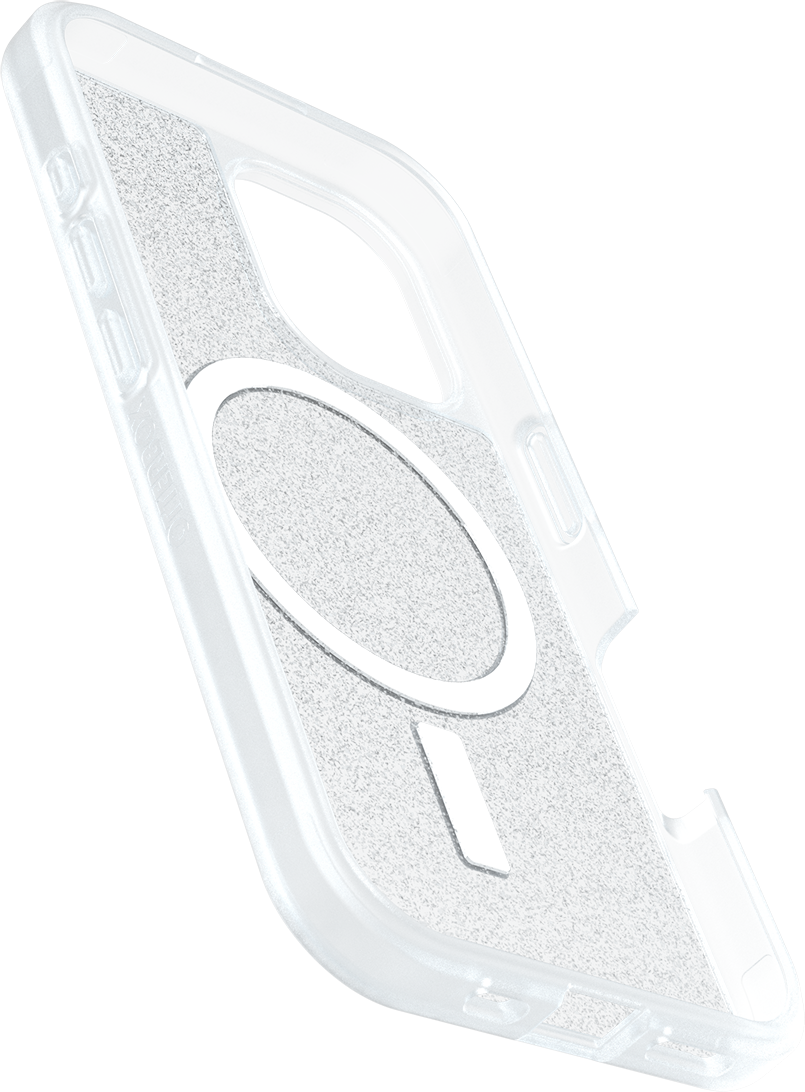 Átlátszó telefontok MagSafe gyűrűvel és szürke textúrájú belsővel.